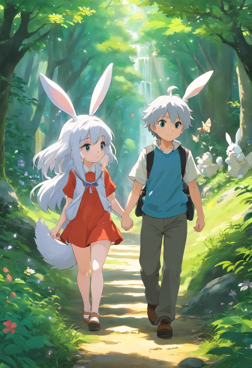 A boy with white skin and a boy with black and white hair, Walk the charming trails together, Magical forest environment, A stream with twinkling lights, Fascinating animal company, catss, rabbits, squirrels, Butterfly fairy, 。.3D, anime big breast, tmasterpiece