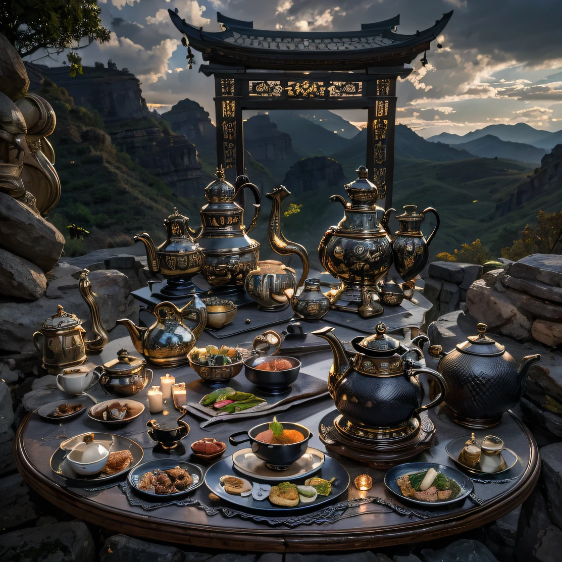 6 manly men，Top image quality，8K,conference site，In the canyon ancient temple，View desktops all，Six male immortals，Black gold python robe crane relief，Gourd tea set，Six dishes and one soup，A masterpiece of telephoto photography，Realisticstyle，hyper photorealism, Cinematic lighting, projected inset,Black sky-braided