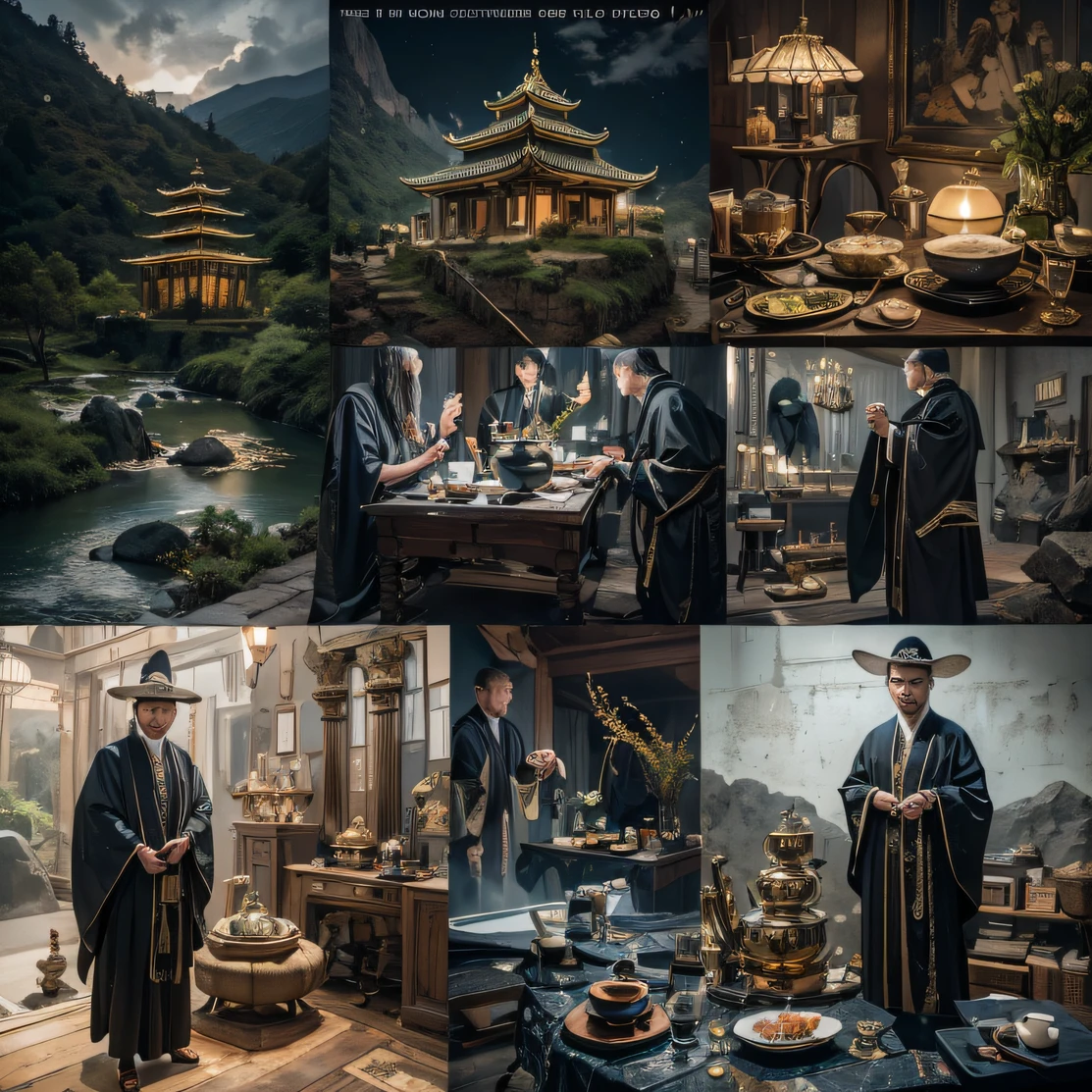 6 manly men,Top image quality,8K,conference site,In the canyon ancient temple,View desktops all,Six male immortals,Black gold python robe crane relief,Gourd tea set,Six dishes and one soup,A masterpiece of telephoto photography,Realisticstyle,hyper photorealism, Cinematic lighting, projected inset,Black sky-braided