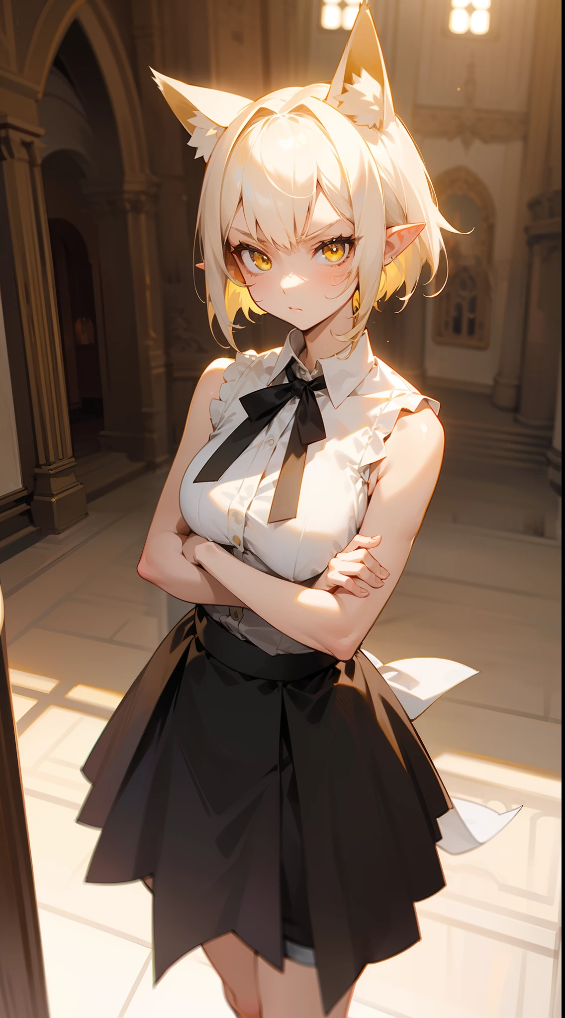 masterpiece, best quality, teen girl, cute face, yellow eyes, normal breast, white shirt, sleeveless, black skirt,hair white ribbon ,short hair, platinum blonde hair, pointy ears,fox ears,serious,(standing in a room in castle),crossed arms,cowboy shot