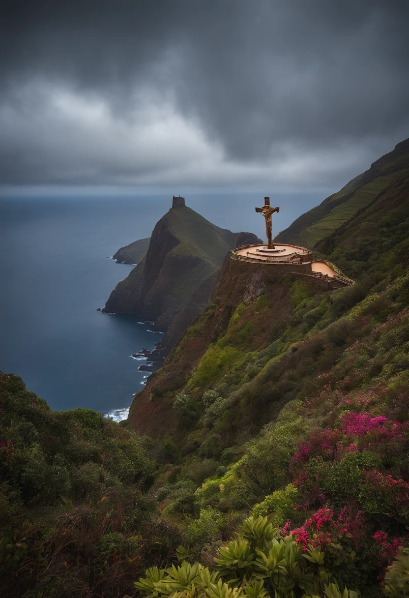 Jesus Cristo pendurado na cruz de madeira, todo ferido, no Monte da caveira com o clima fechado