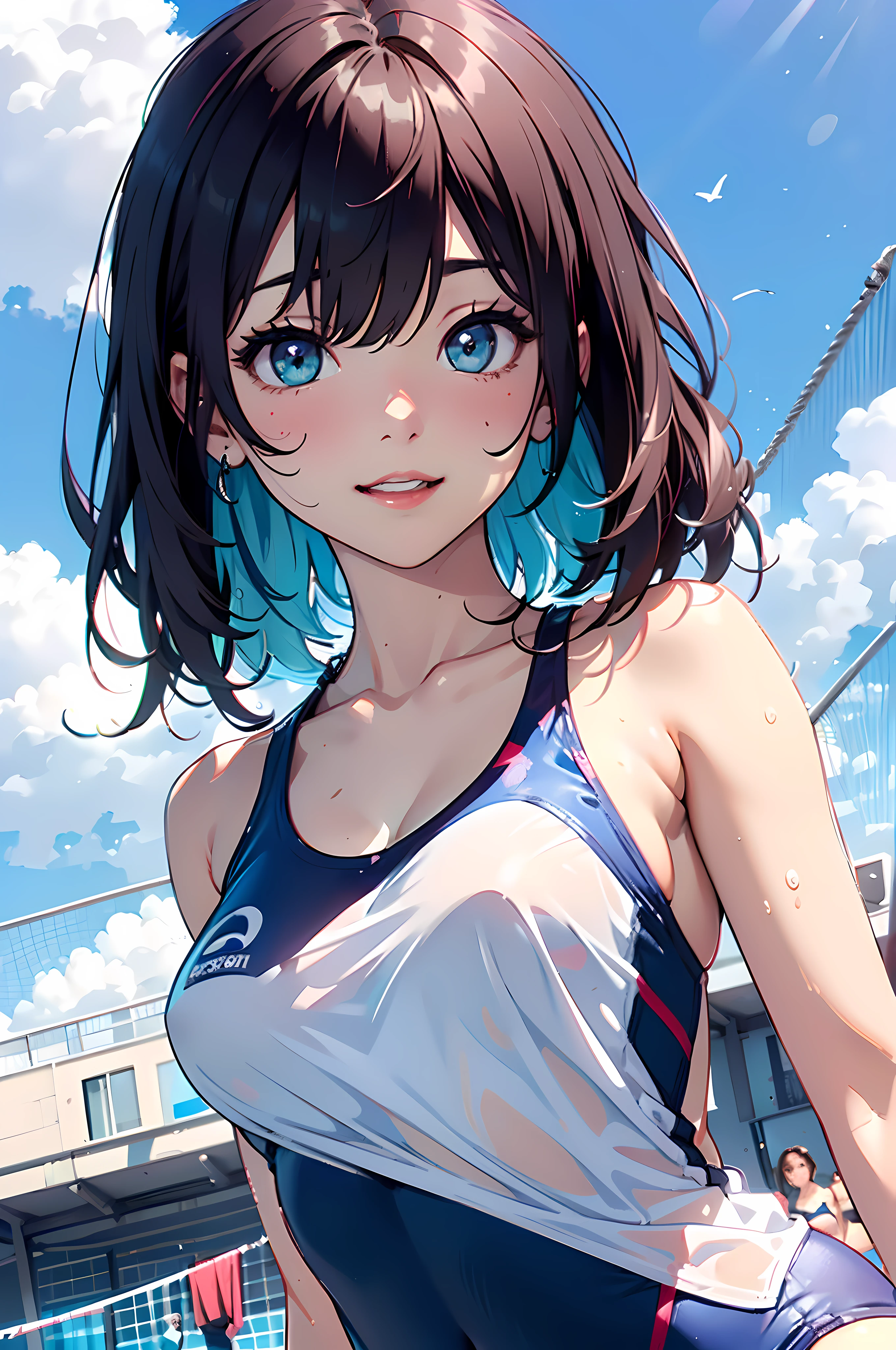 (masterpiece1.5),ultra-quality, ultra -detail,Perfect drawing,NFSW、1、a beauty girl、Beautuful Women、lustrous beautiful skin、Cute smile、(((Beautiful swimsuit)))、Sunburn marks、Sun Tan Line、plumw、bbw、Whip whip、(((Competition swimwear))、Gorgeous、3D、16K illustrations、((clearface))、Hi-Res、Indoor pool、Indoor practice field、indoor、nice background、beatiful backgrounds、spot light、Vibrant colors、(((Detailed drawing)))、Perfect Beautiful Girl、(((Perfect Photo)))