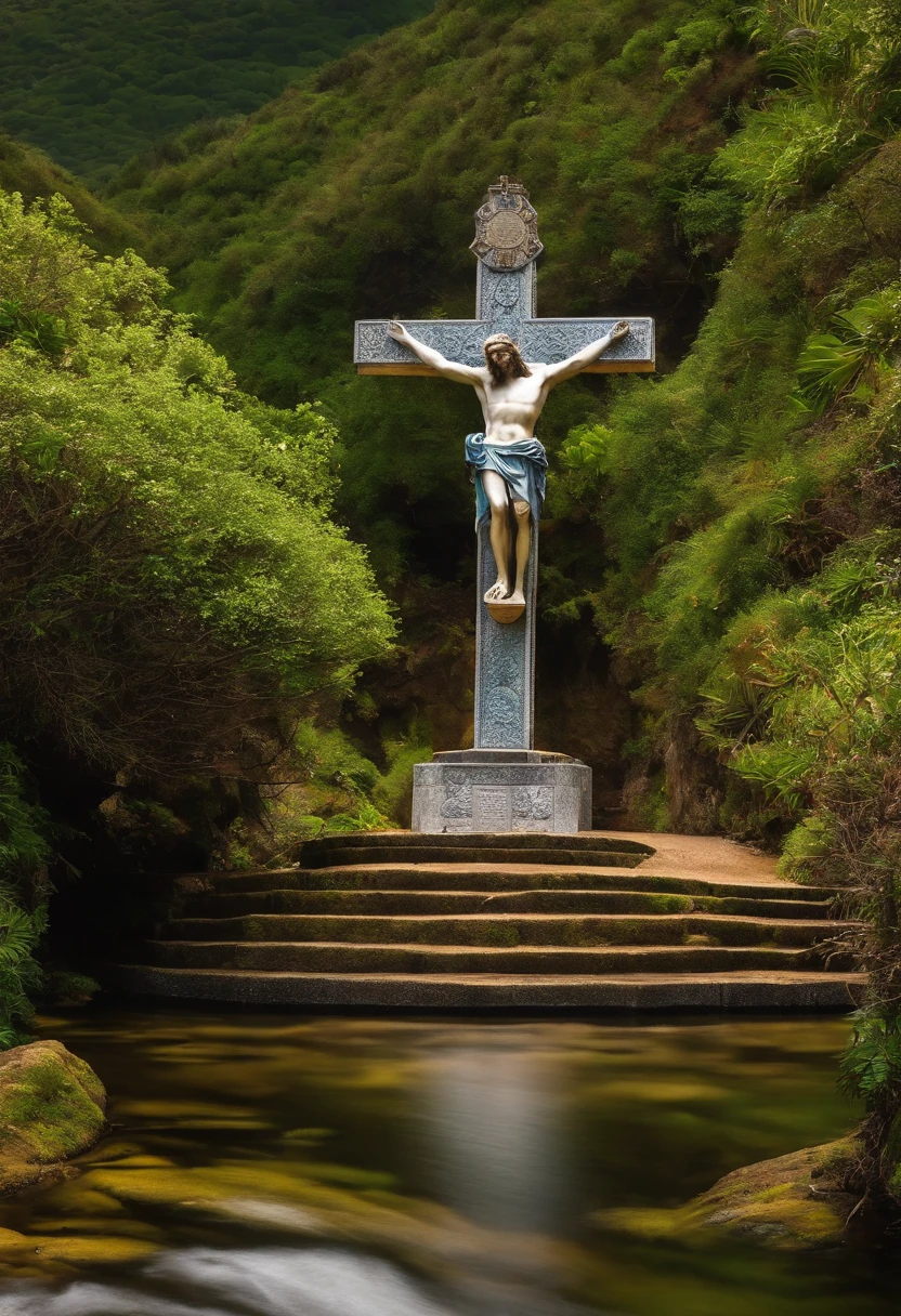 Jesus Cristo pendurado na cruz de madeira