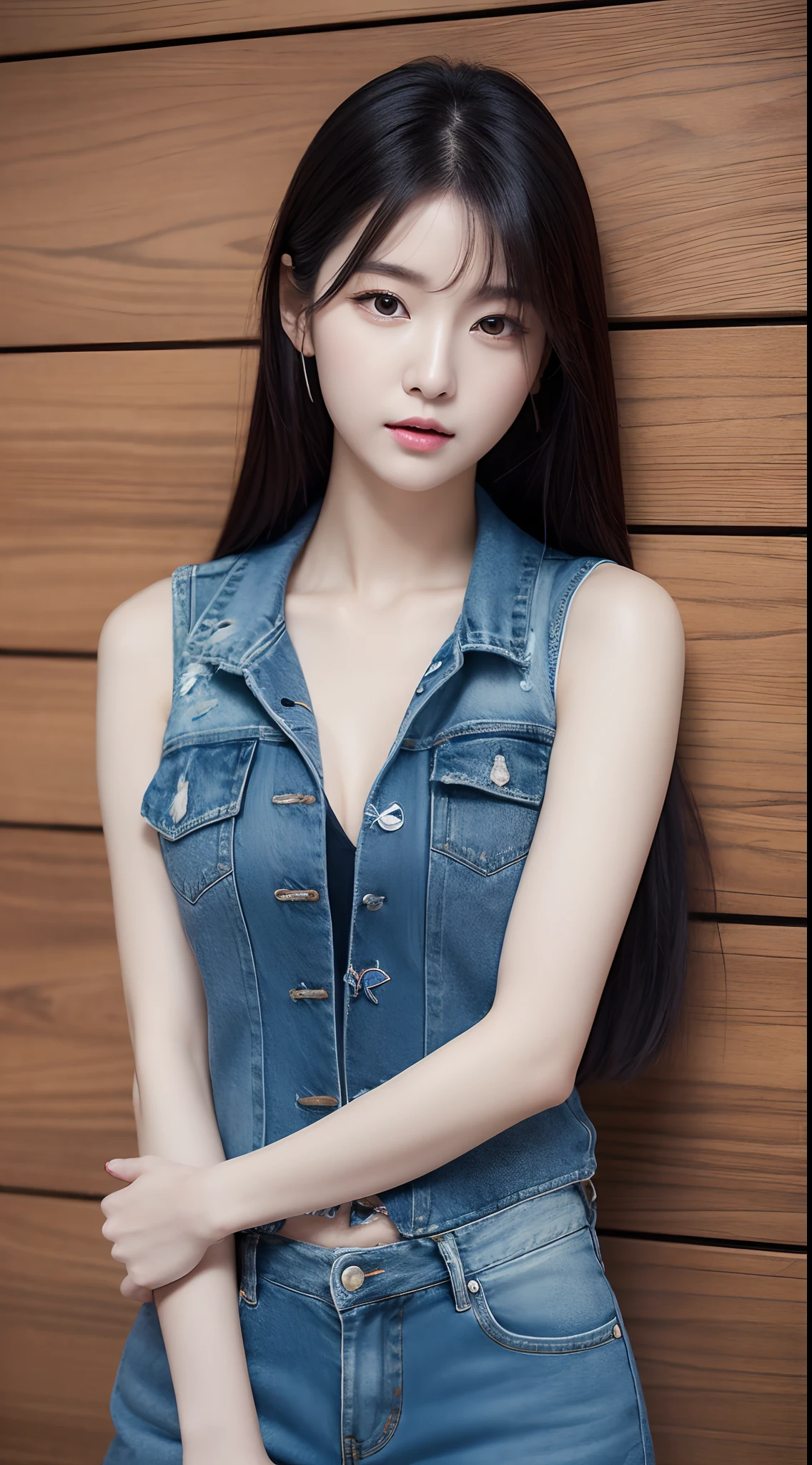 realistic photos of 1 cute Korean star, straight hair, white skin, thin makeup, 32 inch breasts size, wearing sleeveless denim shirt, pants, standing against the wall, close-up portrait, UHD