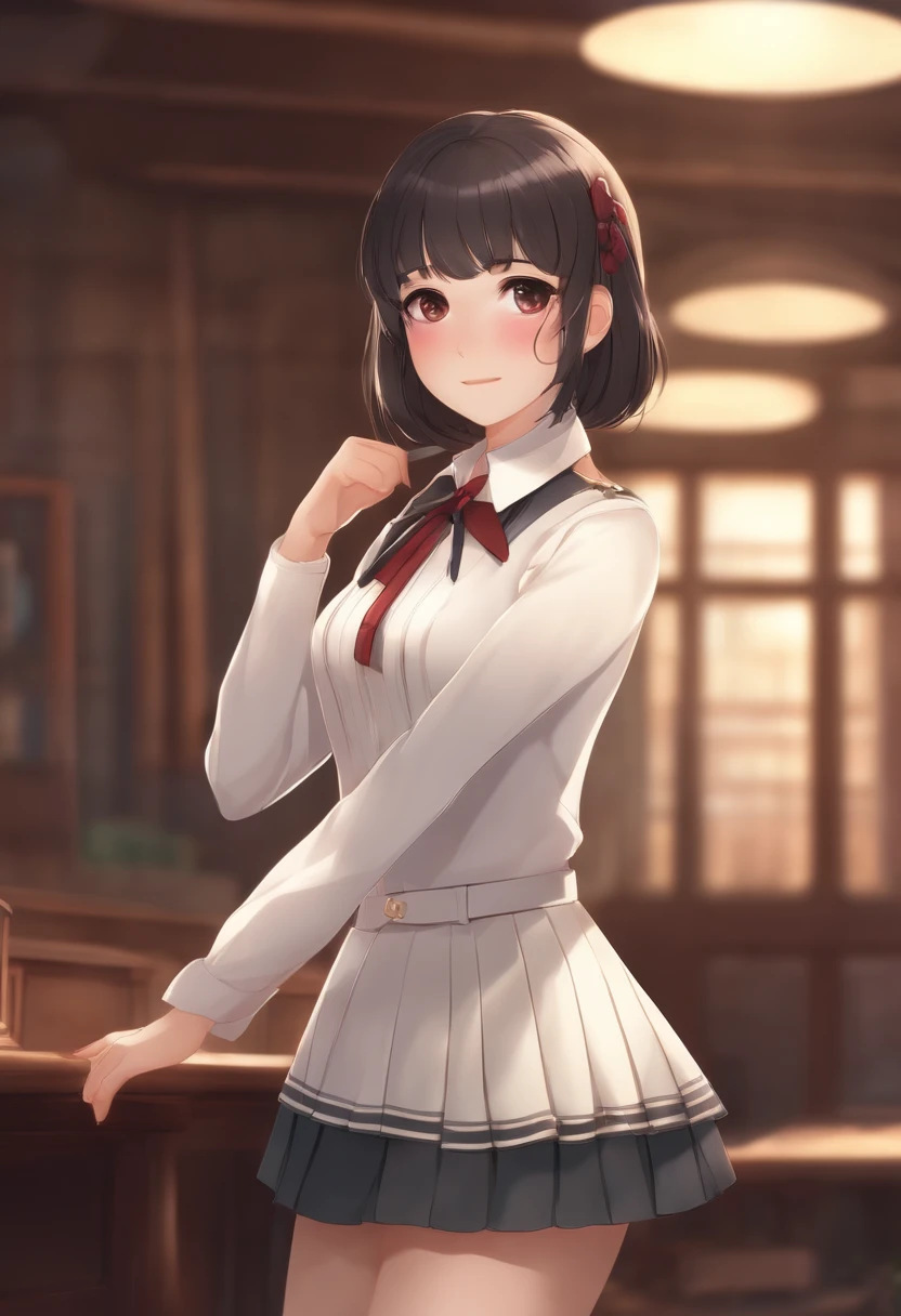 1girl, white skin, short dark hair, brown light eyes, small size breast, wearing school uniform with long skirt, standing, 8k