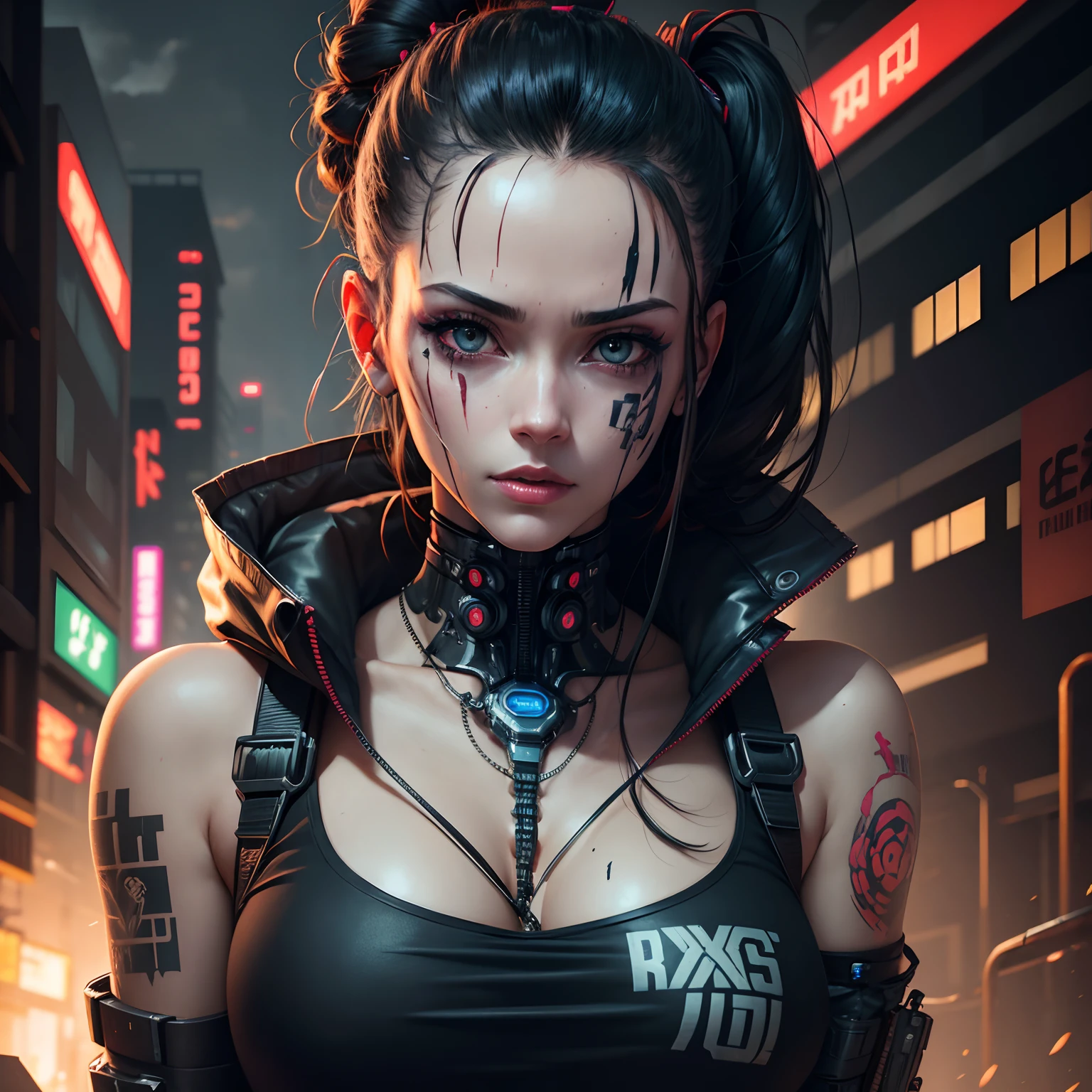 Cyberpunk, damged, robot, dead robot, wires, lose a part of her face in war, wires came out in the lose part of face, trashed, cyberpunk damged, trashed in a big garbge, black hair, tattoo on a part of her face, cyber tattoo, numbers, sexy girl tattoo on her sholder and neck. Japanis face girl, robot clothes with wires