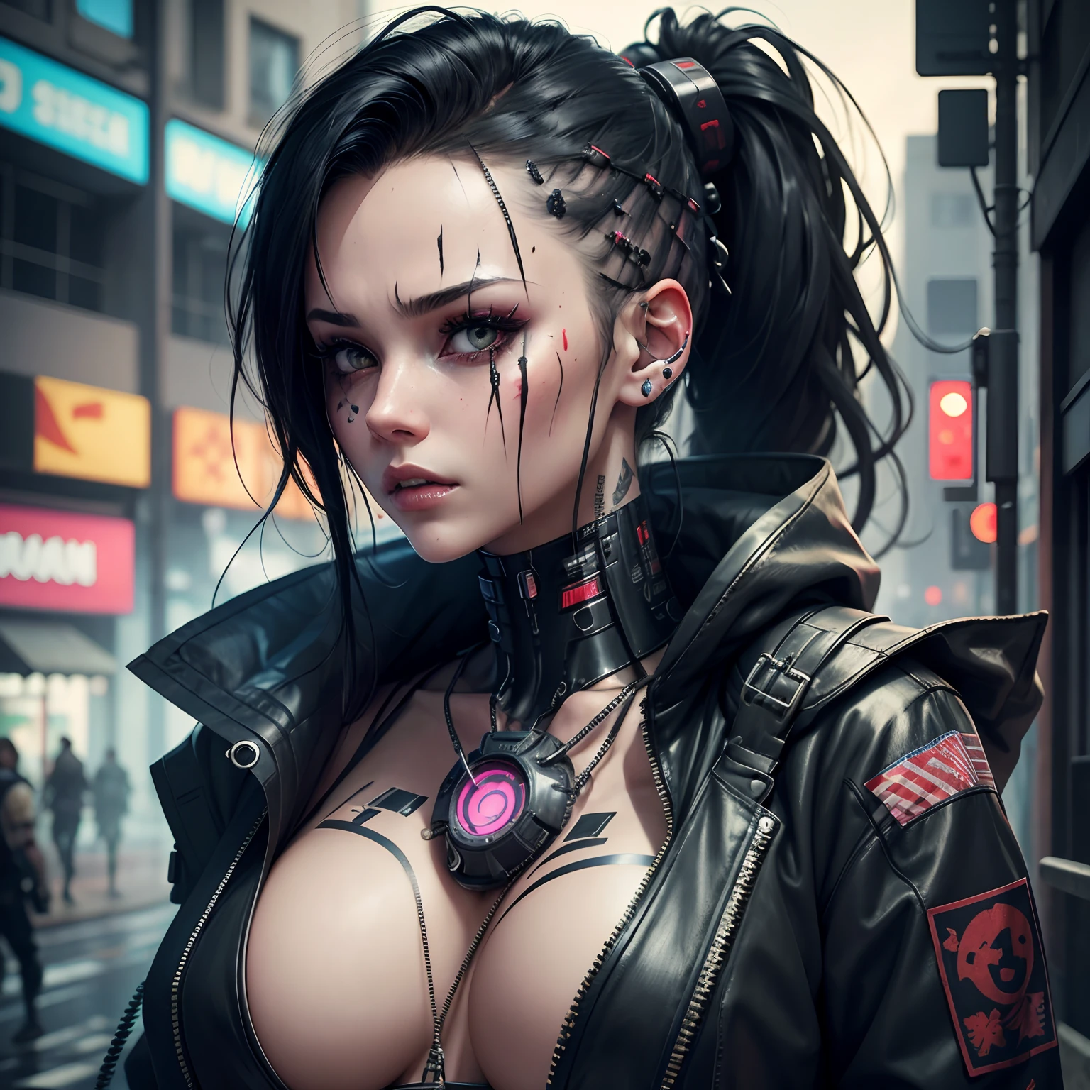 Cyberpunk, damged, robot, dead robot, wires, lose a part of her face in war, wires came out in the lose part of face, trashed, cyberpunk damged, trashed in a big garbge, black hair, tattoo on a part of her face, cyber tattoo, numbers, sexy girl tattoo on her sholder and neck. Japanis face girl, robot clothes with wires
