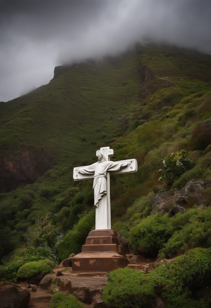 Jesus Cristo pendurado na cruz de madeira, todo ferido, no Monte da caveira com o clima fechado, on Skull Hill with a crowd watching