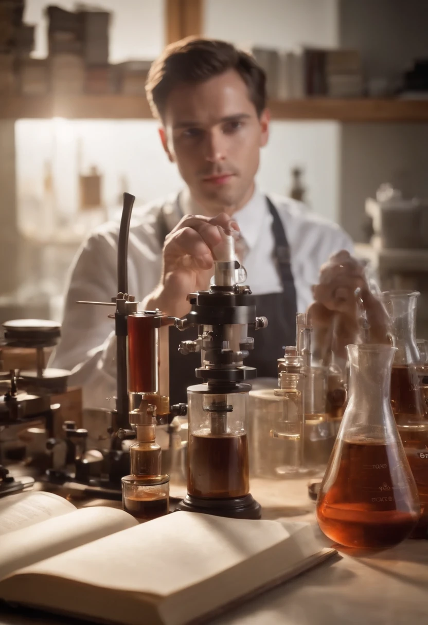 (best quality,4k,Altas:1.2),ultra-detalhado,Realistic:1.37,um homem de 27 anos, inteligente e cauteloso, passionate about science,study in a well-organized laboratory,Use of advanced equipment, vestindo um jaleco branco,observando meticulosamente as amostras,surrounded by scientific instruments and books,with bright lighting illuminating your face and the lab,capturing every detail of its expression and the intricate scientific world in vivid colors.