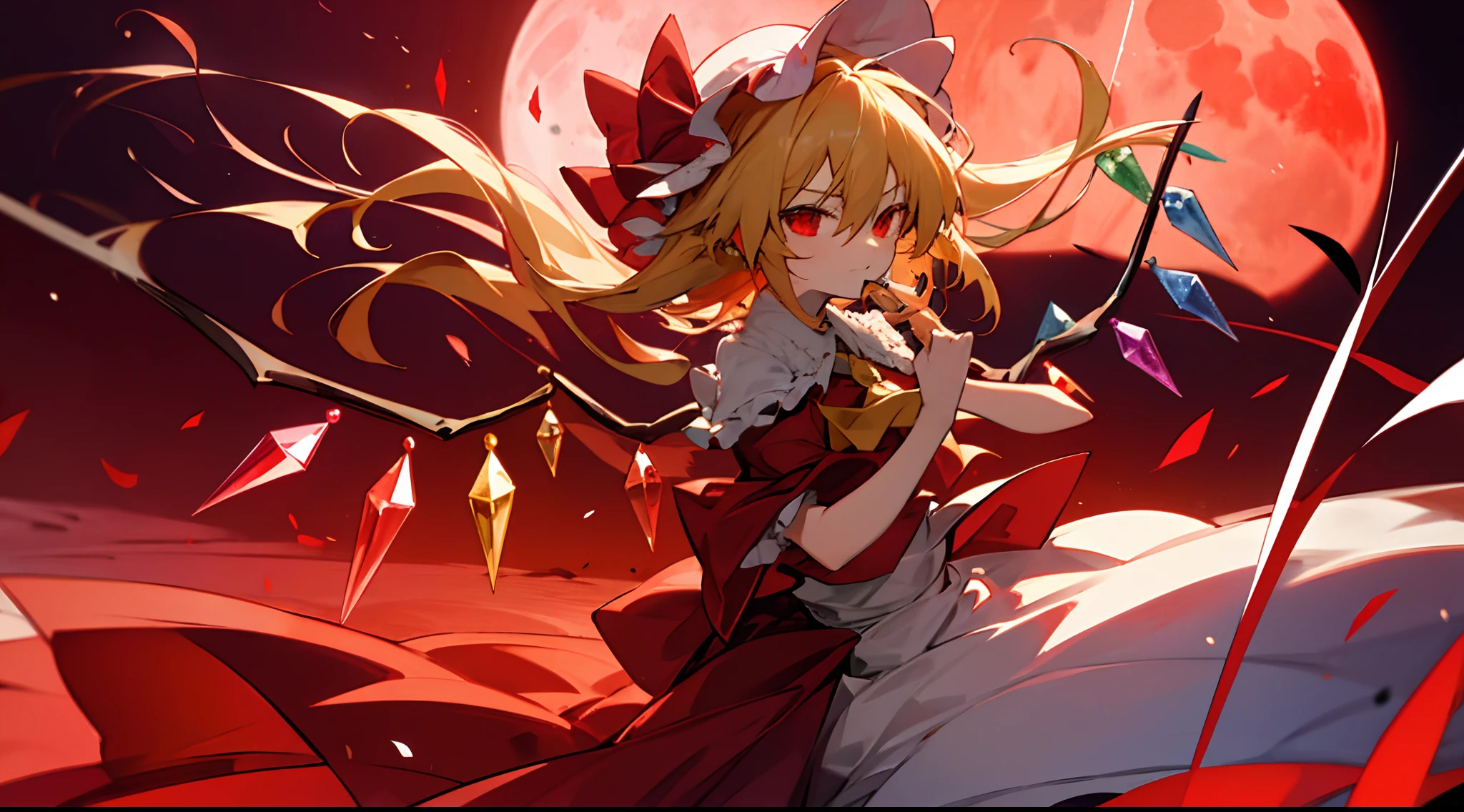 masuter piece, Ultra High Quality、A detailed、a blond、Akame、Flandre Scarlet、wide Shots、red fullmoon、nigh sky