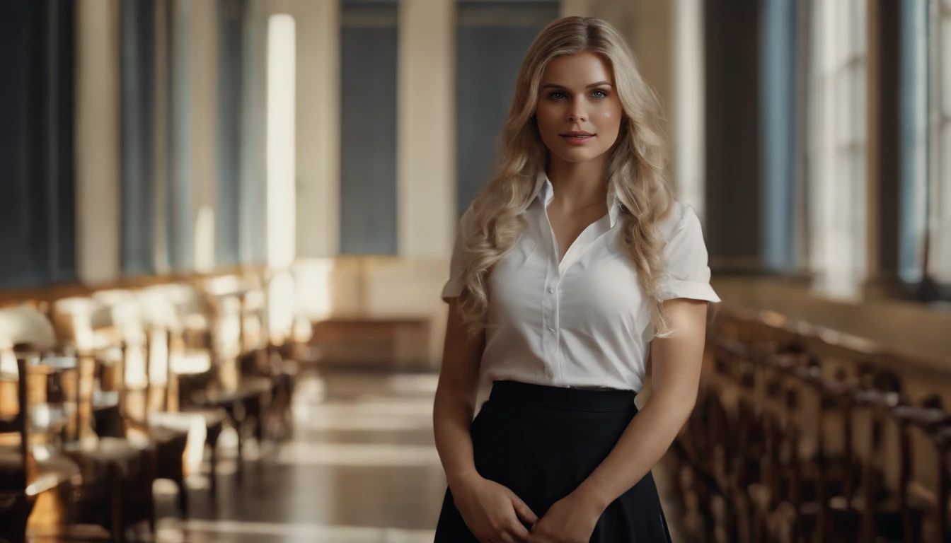 best quality, ultra high res, (photorealistic:1.4), 1girl, button shirt, black skirt, school, dark brown hair, breasts, (blonde hair:1.2), looking at viewer, (highly detailed face:1.1),,  (PureErosFace_V1:0.8),tiktok,nude full body