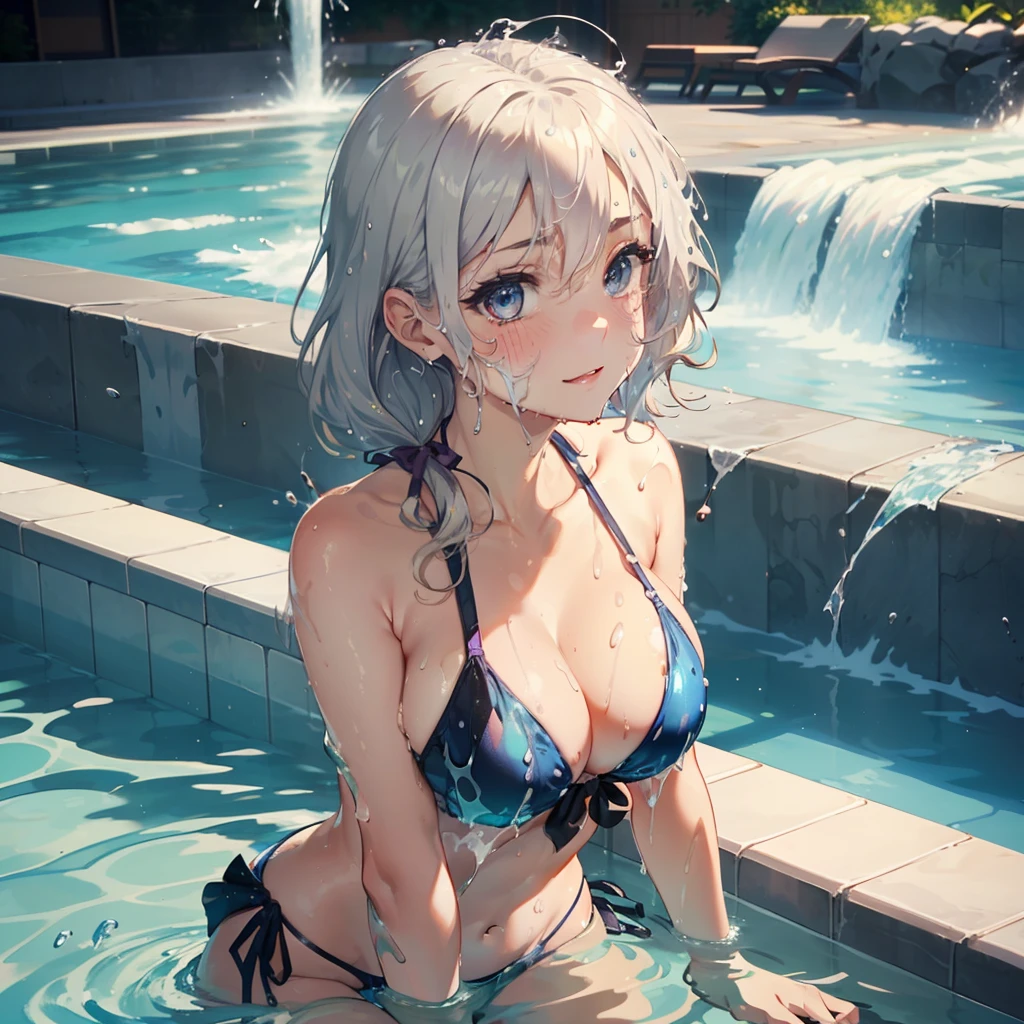 1 beauty, Light Purple Eyeshadow,platinum-blonde-hair, Watery Big Eyes,Beautiful constriction,Toothless smile,long eyelasher,Blushlush, in poolside, Wet whole body, ((Platinum Color Bikini Swimsuit)),(wet and disheveled hair:1.4),bustshot,Dynamic Angle Zoom, hand between legs:1.2, Perfect fingers, Large jets of water emanating from the front,(Fine splash to the face:1.6), Splashes shine:1.6, fine splashes on the body,stick out your ears,High-speed camera、facefocus