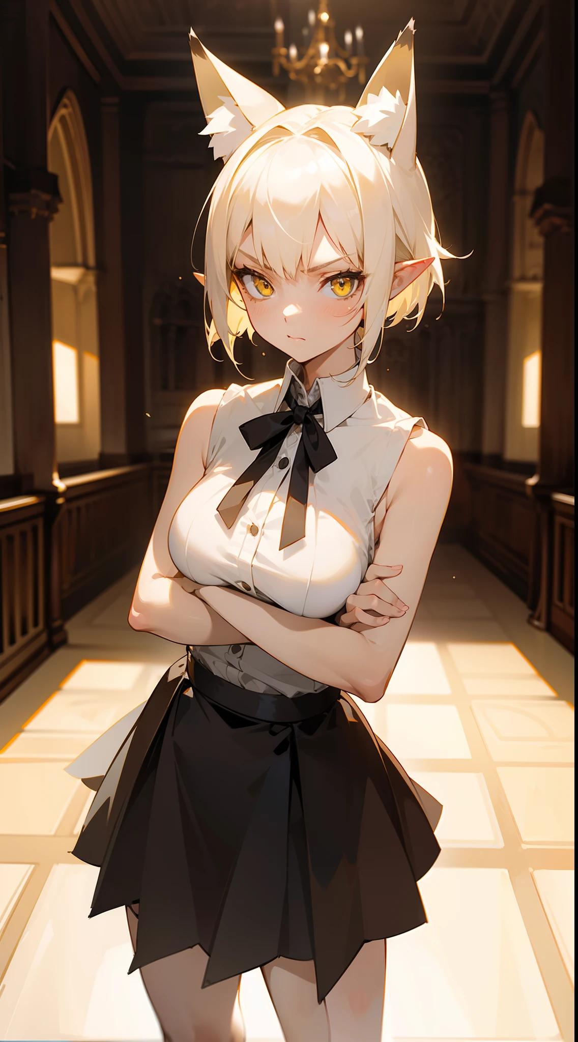 masterpiece, best quality, , cute face, yellow eyes, normal breast, white shirt, sleeveless, black skirt,hair white ribbon ,short hair, platinum blonde hair, pointy ears,fox ears,serious,(standing in a room in castle),crossed arms,cowboy shot,close-up