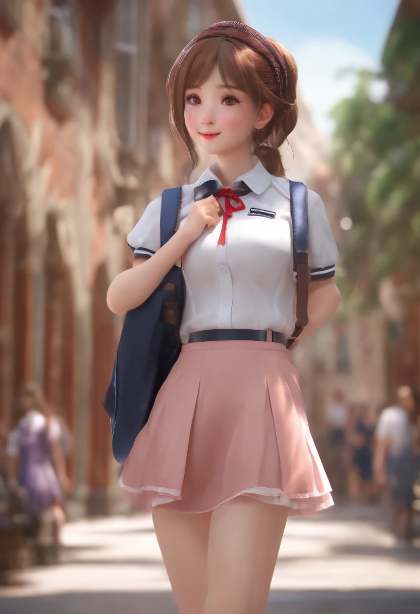 (8K), (Best quality: 1.2), (Realistic), (Photorealistic: 1.37), hyper HD, 1 girl, Cute, Smile, Closed mouth, Beautiful details, Beautiful nose, full bodyesbian, Wet hair, Colossal Dalsepho, Pork, school uniform, Thighs