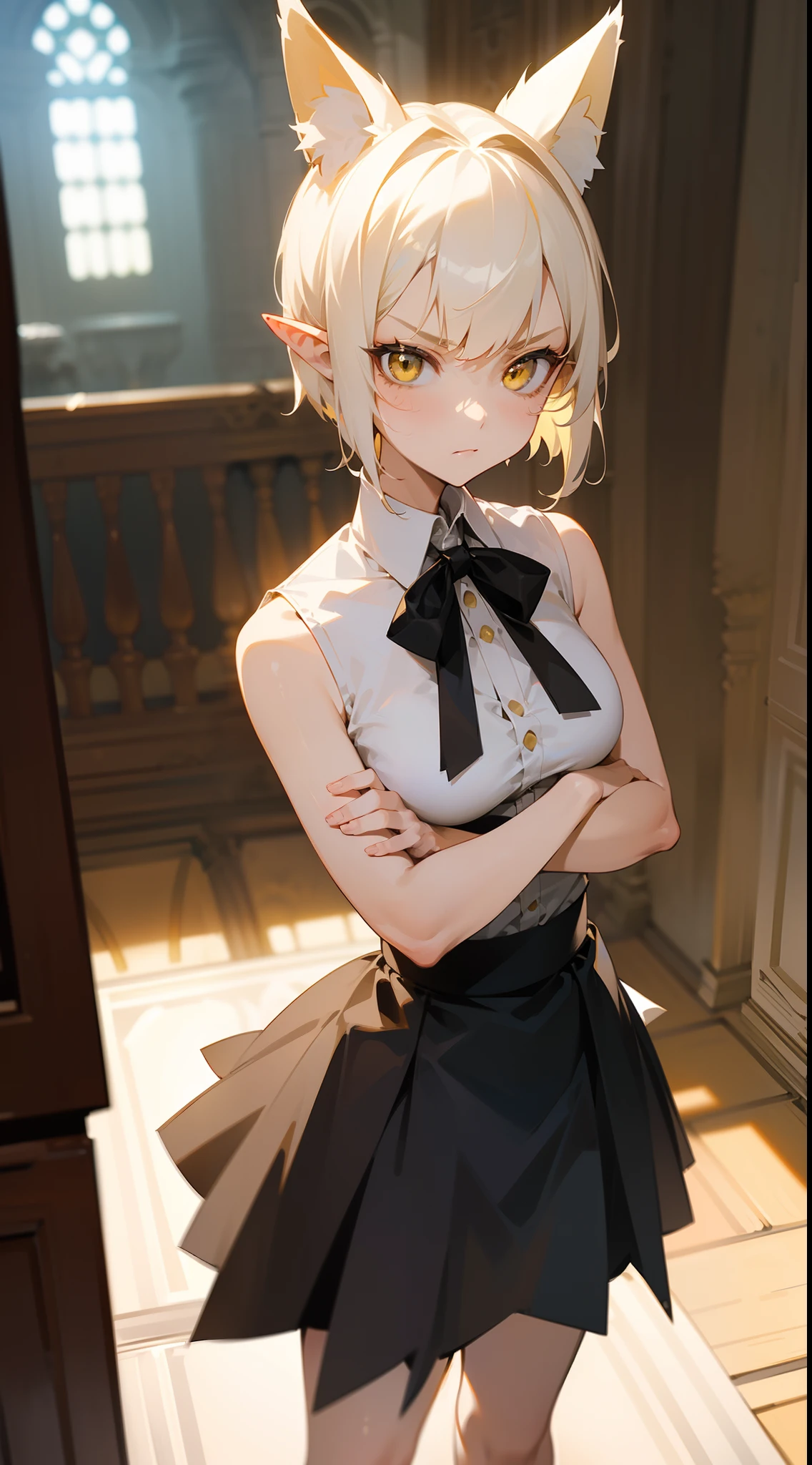 masterpiece, best quality, teen girl, cute face, yellow eyes, normal breast, white shirt, sleeveless, black skirt,hair white ribbon ,short hair, platinum blonde hair, pointy ears,fox ears,serious,(standing in a room in castle),crossed arms,cowboy shot,close-up