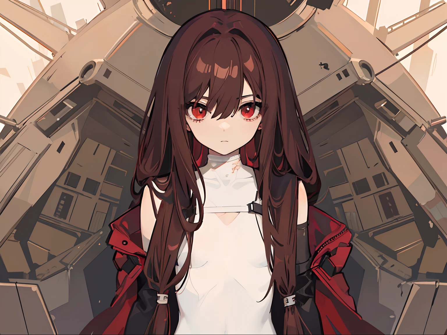 1girl, long dark red brown hair, dark red brown eyes, one eye bandaged, wearing white dress, slim body, loli body petite, small chest size, post-apocalyptic city, absurdres, high res, ultrasharp, 8K, masterpiece, looking at viewer