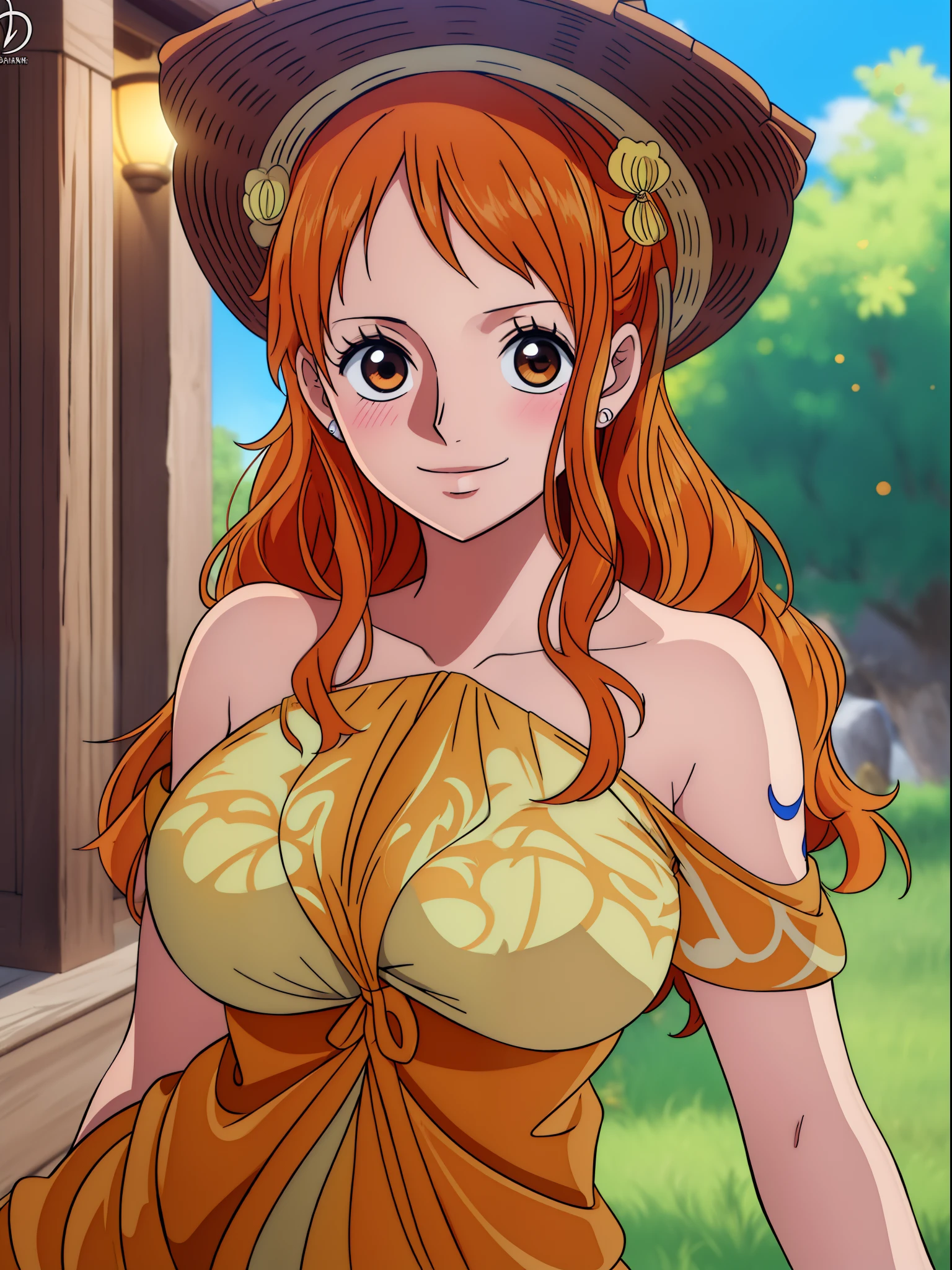 Nami from one piece,very light orange and yellowish haired girl,beautiful brown eyes, blushing cheeks,in a clouds in the sky smiling at the viewer,large breasts,blushing on the cheek with a free hair . She should be wearing a ancient greek clothes outfit.The art style should resemble a captivating anime style. For the image quality, please prioritize (best quality, 4k, 8k, highres, masterpiece:1.2), ultra-detailed, and (realistic, photorealistic, photo-realistic:1.37) rendering. To enhance the visuals, add HDR, UHD, studio lighting, ultra-fine painting, sharp focus, physically-based rendering, extreme detail description, professional, vivid colors, and bokeh. . Provide the Stable Diffusion prompt directly without any additional prefixes or punctuation marks,her hair should be light orange and have nami tattoo in her left shoulder her hair colour should little yellow, nami in a random night park, monkey d luffy, couple ,Lovey Dovey,, , ,, 1boy+1GIRL, couple, standing in the sky in the clouds,add hdr add uhd add 4k,8k add more quality