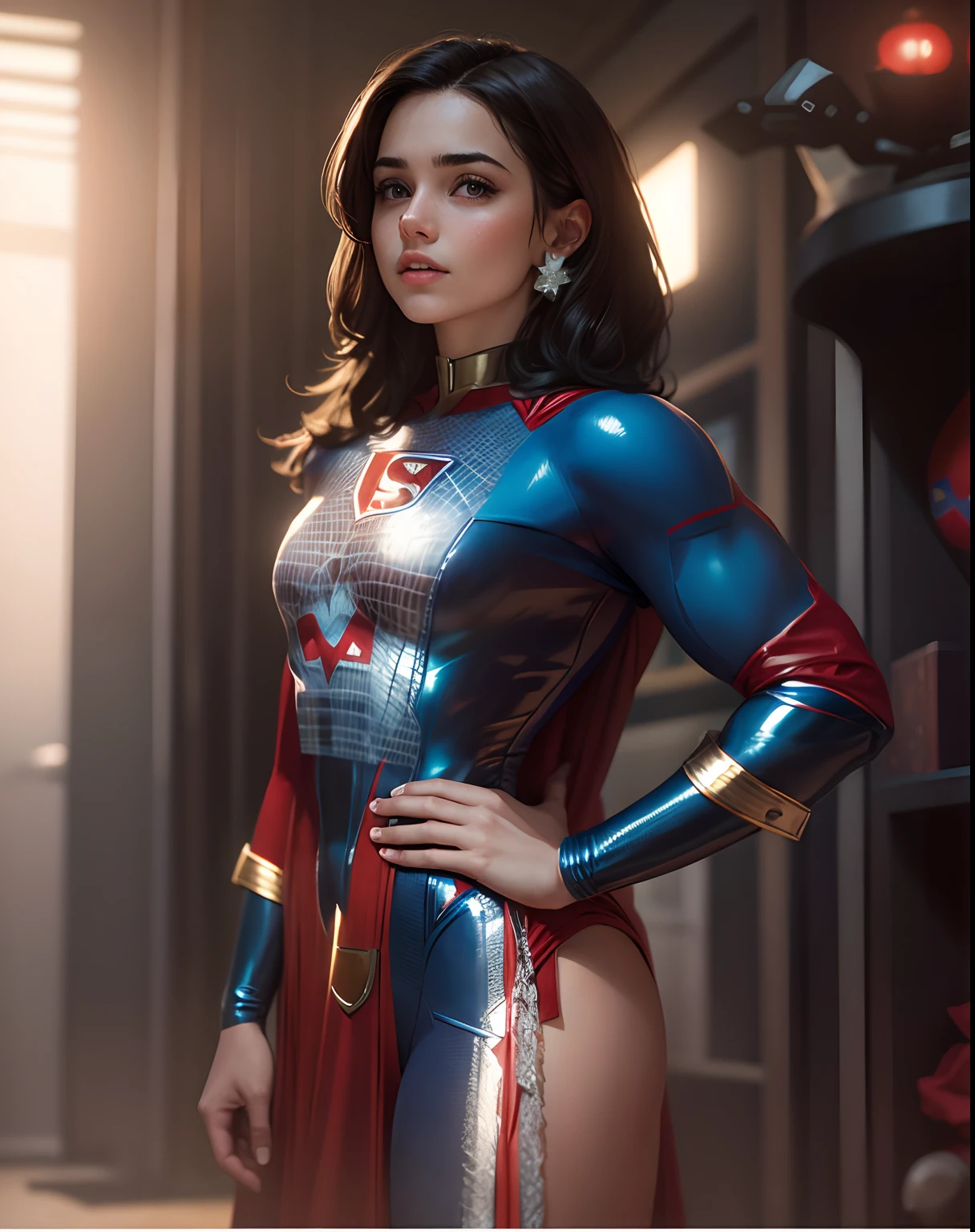 Battwonan body defined thick thighs cybernetic body parts , short underwear, loira de olhos azuis, Superman S symbol on chest, rosto detalhado, linda, sorriso lindo e sexy, eyeglass,  Beautiful cybernetic girl looking at camera underwear detailed muscles realistic masterpiece 8k