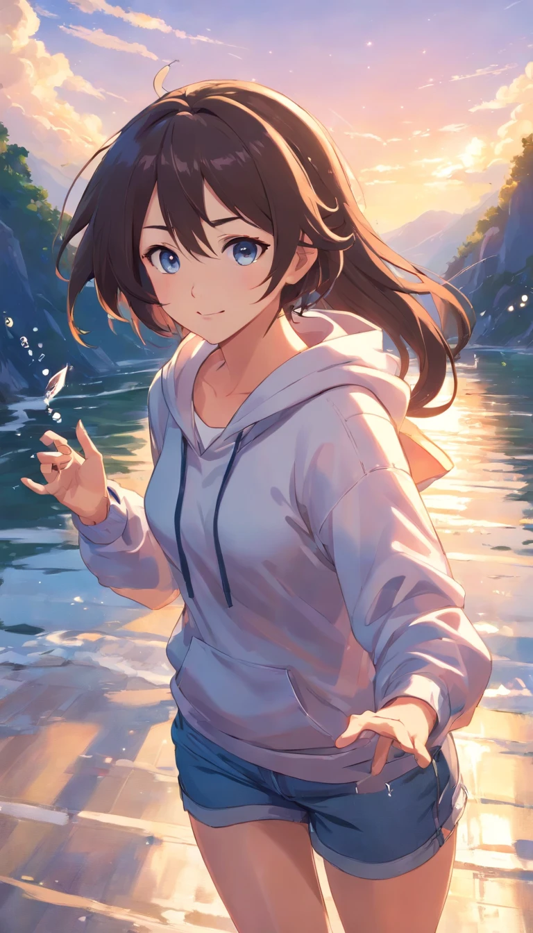 Generate a masterpiece featuring a anime 17 years old girl character, black normal long hair, shiny rainbow eyes, white shiny skin, pretty smile on face, pink hoodie, jeans shorts, enjoying the moment, floating her whole body in far blue sky, far from viewers, bright sunny day chilly air, hair floating, capture mountains downward her, water transparent fishs swirling around her, her appearance reflecting on fishs, sunlight reflecting on her eyes, extra eyes detailed, extra face detailed, extra hair detailed, extra texture detailed, extra outfit detailed, high resolution wallpaper, high quality image, inspired by Makoto shinkai art style, capture a tenki no ko movie iconic moment