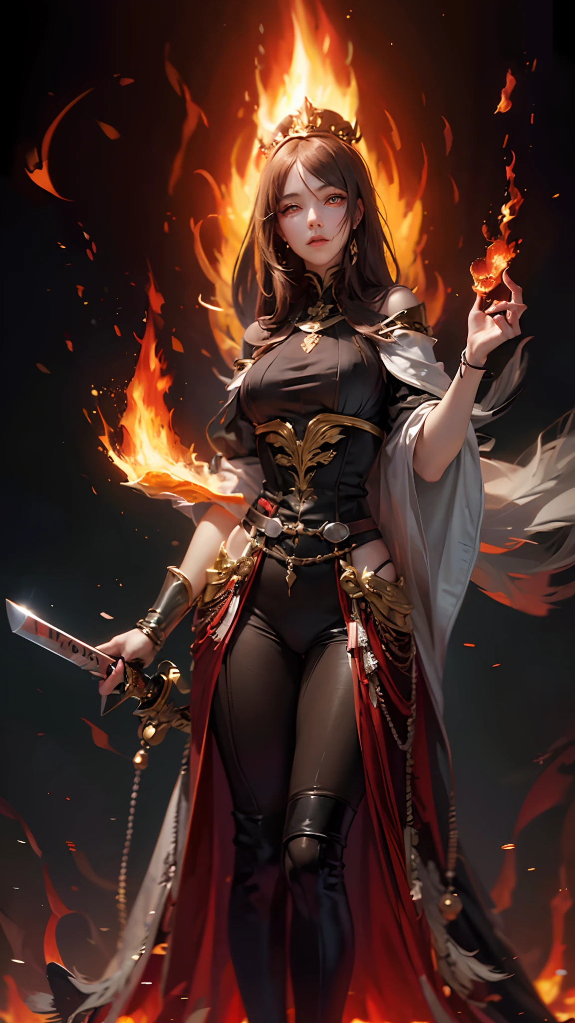 digital art, full body, masterpiece, best quality, in the center of the frame, 1woman holding a sword, empress, imposing pose, fire horns, ((casting a fire spell)), detailed face, super detailed glowing red eyes, ((glowin eyes:1.8)), long flowing red hair, detailed hair, well lit, illuminated environment, solo, (((looking at viewer:1.5))), long ceremonial costume, (((surrounding flames:1.3))), 8K.