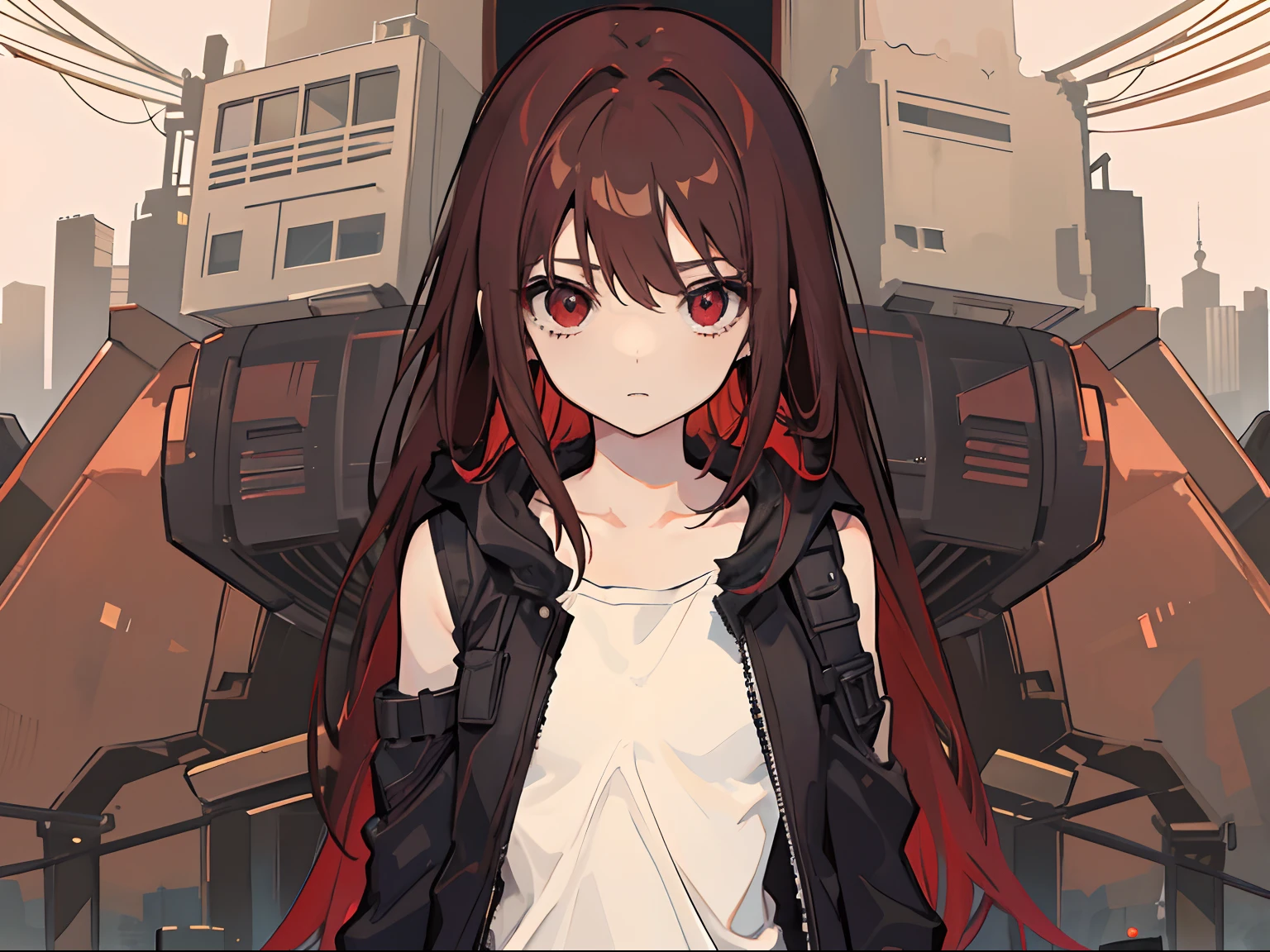 1girl, long dark red brown hair, dark red brown eyes, slim body, body petite, small chest size, post-apocalyptic city, absurdres, high res, ultrasharp, 8K, masterpiece, looking at viewer