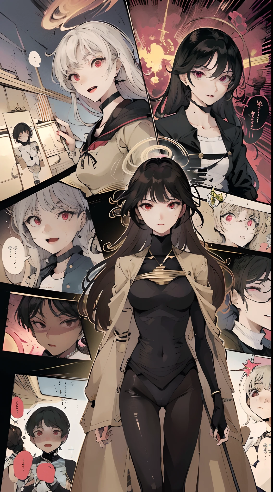 Comic storyboard,A creature taken from all men's dreams,Sexy,camel-toe,Thin gaps,female bodies, Shark teeth, Multiple sticky outer limbs, There is a bright halo on the head, Red eyes,In a space full of psychedelic patterns,轴对称,Enchanted look,Long hair,femdom,anatomy correct