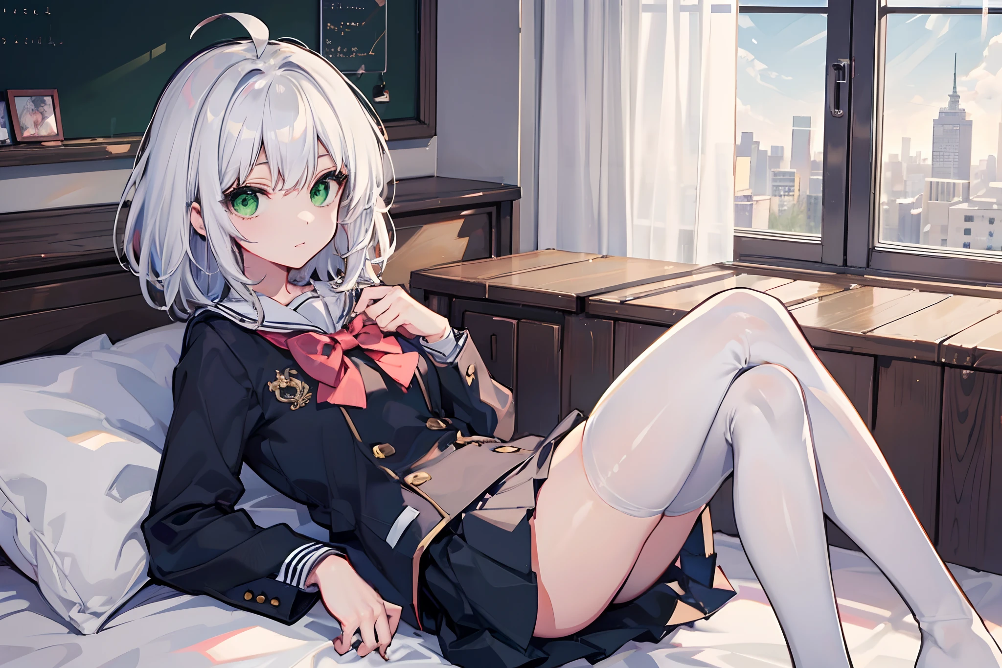 Masterpiece, Best quality, a beauty girl, White hair, Medium hair, ahoge, Green eyes, school uniform, white thighhighs