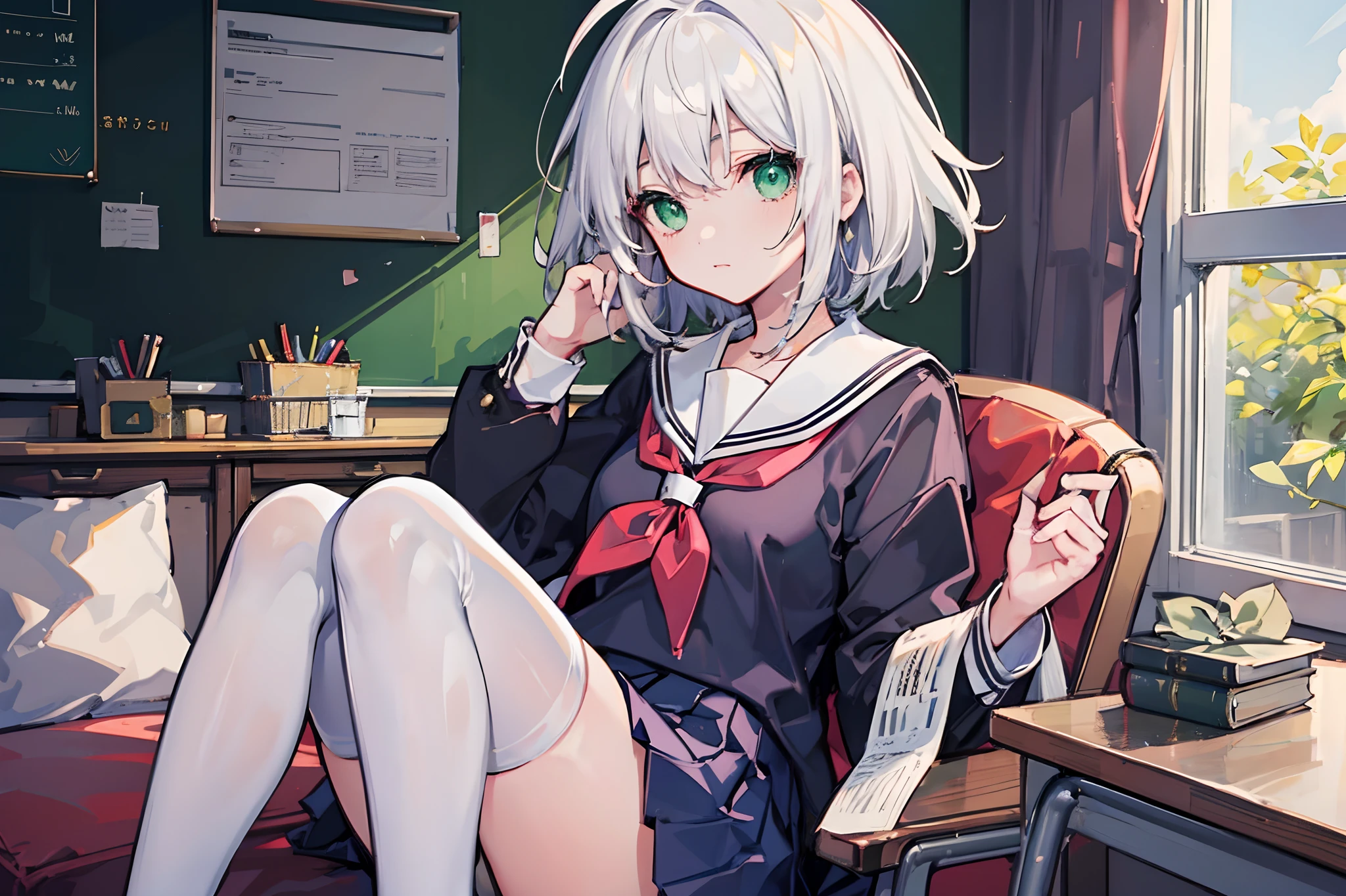 Young girl with grey hair, ((fringed and curly hair)),((curly short twintail)), curly hair ,(red eyes),, ((small bushy eyebrows)), wearing gothic lolita clothing, lolicon , walking to school, bored look, bored face,, (sitting with legs open lifting her skirt to show her vagina wet with semen),
