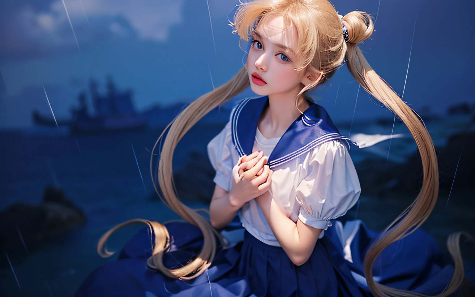 High resolution, realistic. Sailor Moon, Masterpiece, slightly side view. beautiful young girl, 1girl, pretty big blue eyes, , asian, beautiful face, detailed face, delicate nose, (beautiful nose), small nose, delicate lips, delicate lips, long blond hair, straight hair, bands. , Perfect hands. Hair blowing in the air. Wearing a delicate sailor clothes. White sailor blue with a red top. Blue long skirt. Perfect dress. Shadows. raining landscape