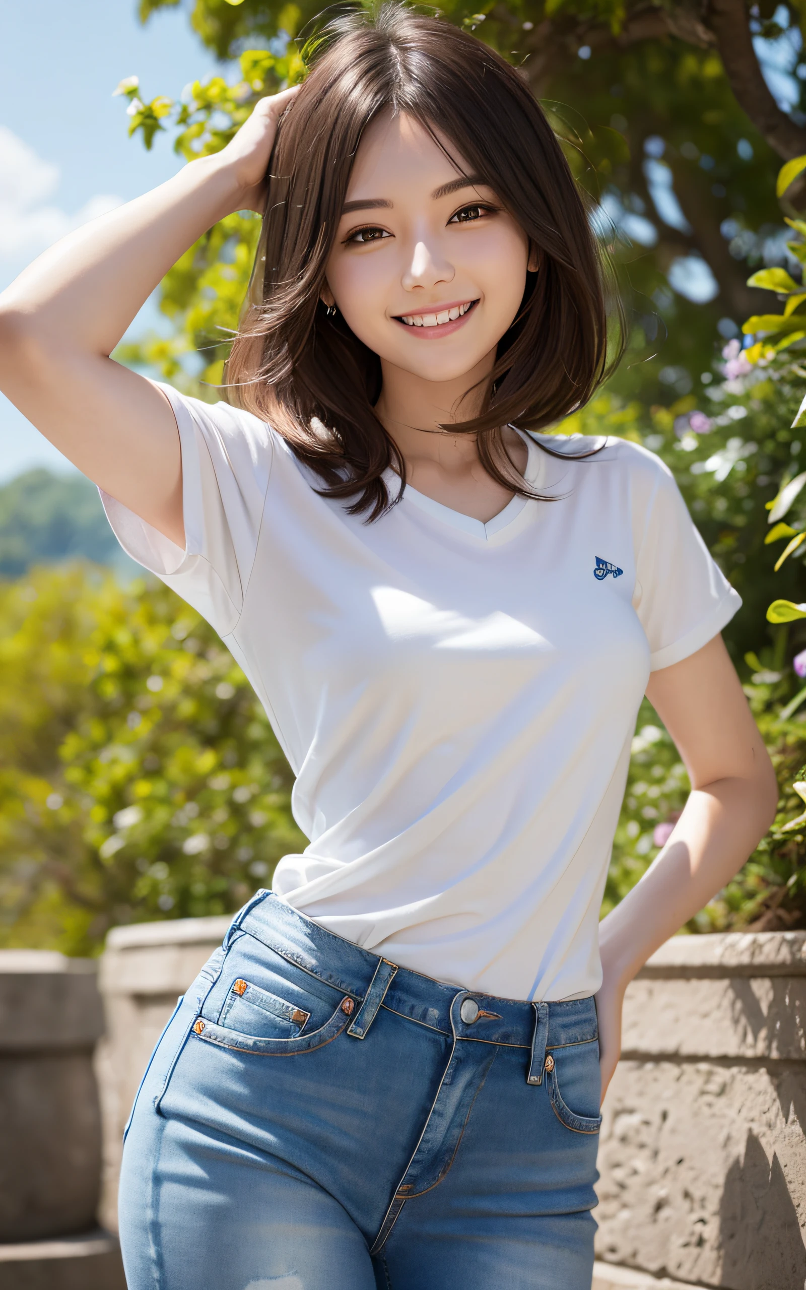 white shirt and denim jeans, blue sky, exuberant, life force, slim figure, smile, small bust, slim girl model, 24 year old female model, medium hair,