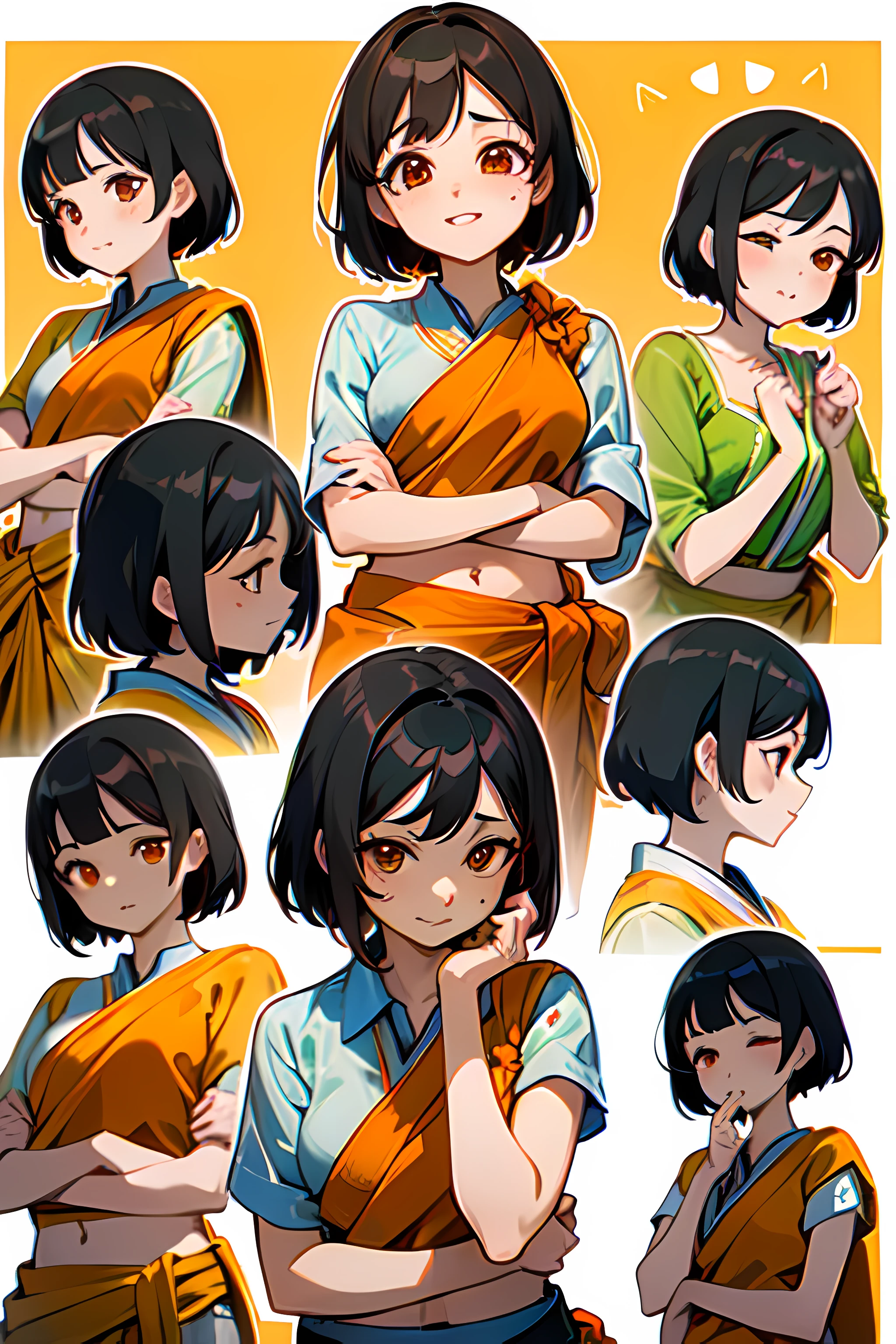 ((Emoji Pack, 9 emojis, emoji sheet of, align arrangement, 9 poses and expressions)), (grieves,astonishment,having fun,exhilarated,big laughter,Touch your head,Sell moe, wait), Hd closeup face of Chizuru Ichinose, anime style, short hair, black hair, dreamy eyes, red eyes, ((orange saree)), blouse, ((wearing saree and blouse)), realistic, 8k