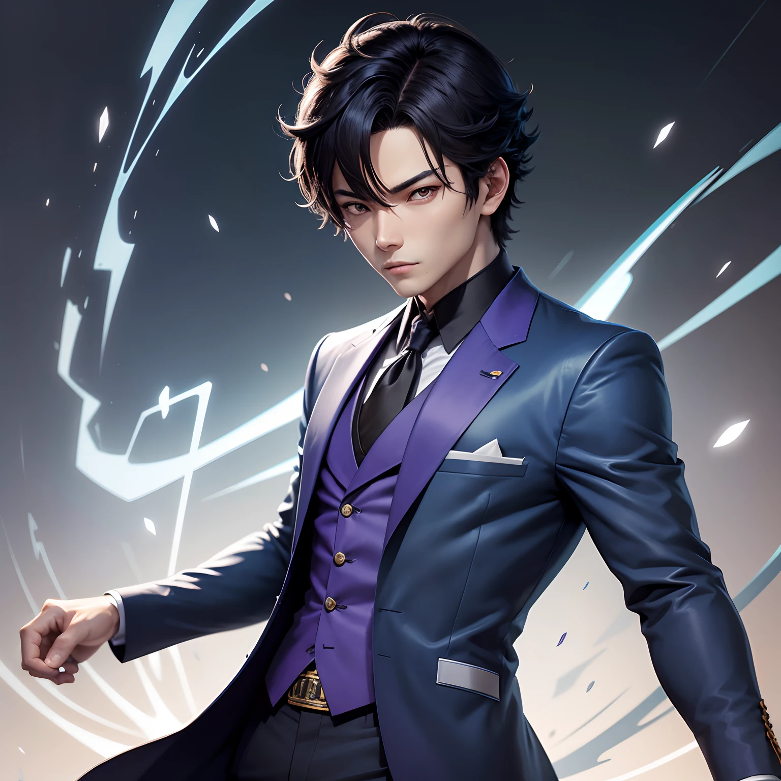 um close up de uma pessoa de terno e gravata, inspirado em Okumura Togyu, cara de anime alto com olhos azuis, pose de anime bonito, inspirado em Okumura Masanobu, he is wearing a suit, inspired by Munakata Shikō, homem bonito anime, Tanaka Suguru, em um terno estrito, personagem estilo VERGIL DMC