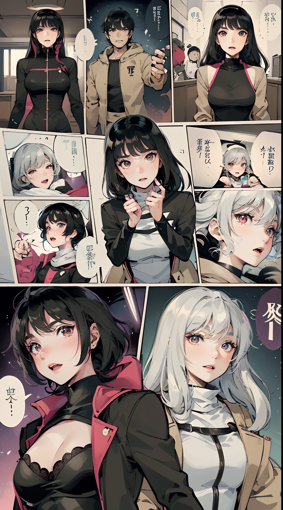 Comic storyboard,A creature taken from all men's dreams,Sexy,camel-toe,Thin gaps,female bodies, Shark teeth, Multiple sticky outer limbs, There is a bright halo on the head, Red eyes,In a space full of psychedelic patterns,轴对称,Enchanted look,Long hair,femdom,anatomy correct