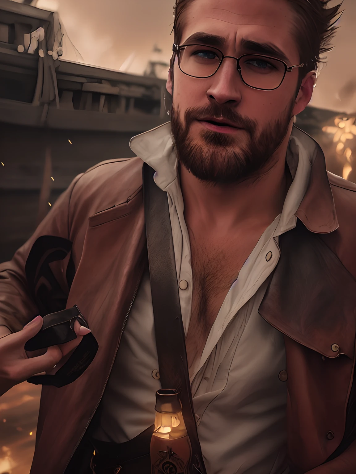 portrait photo of Ryan Thomas Gosling, Natural leather texture, 24mm, 4K textures, dirty skin, soft cinematic light, adobe lightroom, Photo Lab, ssmile, bandana, Detailed rain, detailed water droplets, wet skin, freezing, tmasterpiece, (beautiful detail eyes :1.1), beste-Qualit, illustartion, (detailed lighting:1.2), (Beautiful detailed glow:1.3), leather clothes, deep neckline, Intricate, digitalpainting, Smooth, Sharp focus, end of the world, Epic realism, (hdr :1.4), (Muted colors:1.4), pirates, neutral colors, the night, screen space refractions, (Complicated details, hyper-detailing:1.3), cinematic still, vignette, Sea Ship Deck Background, Background of the battle of pirate ships, Muted colors