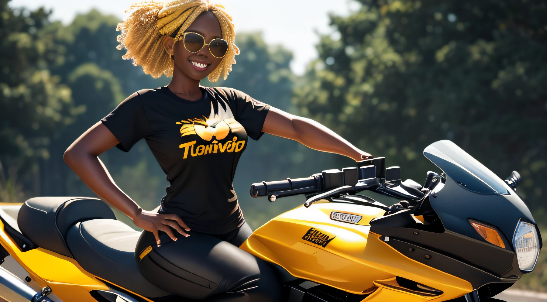 very huge breasts, dark skin, yellow hair, black power hair, full body, Happy smile, realistic and detailed hands, realistic and detailed face, realistic and detailed tooth, realistic and detailed feet, realistic and detailed face, sun glasses, black t-shirt, white short legging, red tennis, riding on motorcycle.