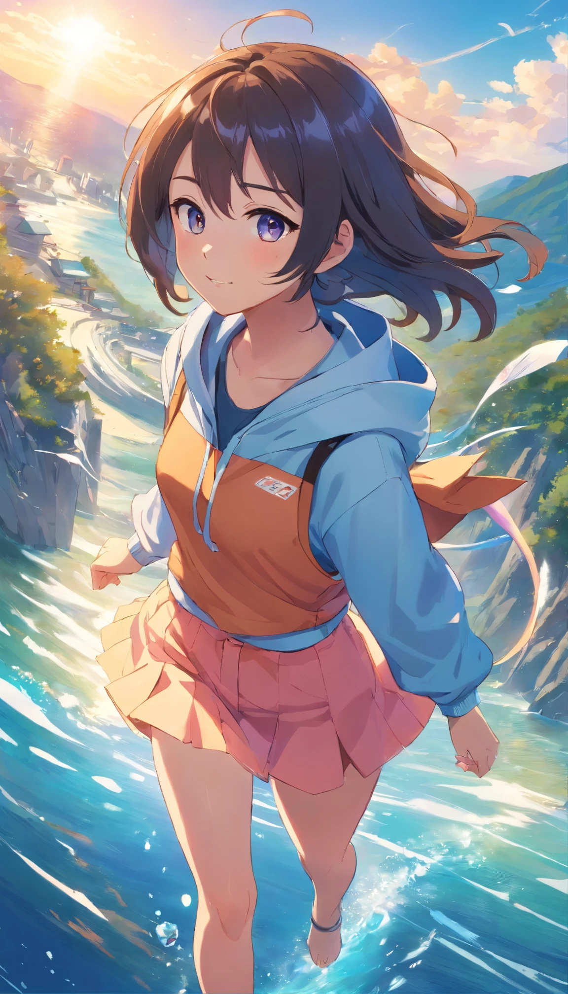 Generate a masterpiece featuring a anime girl character, black normal long hair, shiny rainbow eyes, white shiny skin, pretty smile on face, pink hoodie, jeans shorts, enjoying the moment, floating her whole body in far blue sky, far from viewers, bright sunny day chilly air, hair floating, capture mountains downward her, water transparent fishs swirling around her, her appearance reflecting on fishs, sunlight reflecting on her eyes, extra eyes detailed, extra face detailed, extra hair detailed, extra texture detailed, extra outfit detailed, high resolution wallpaper, high quality image, inspired by Makoto shinkai art style, capture a tenki no ko movie iconic moment