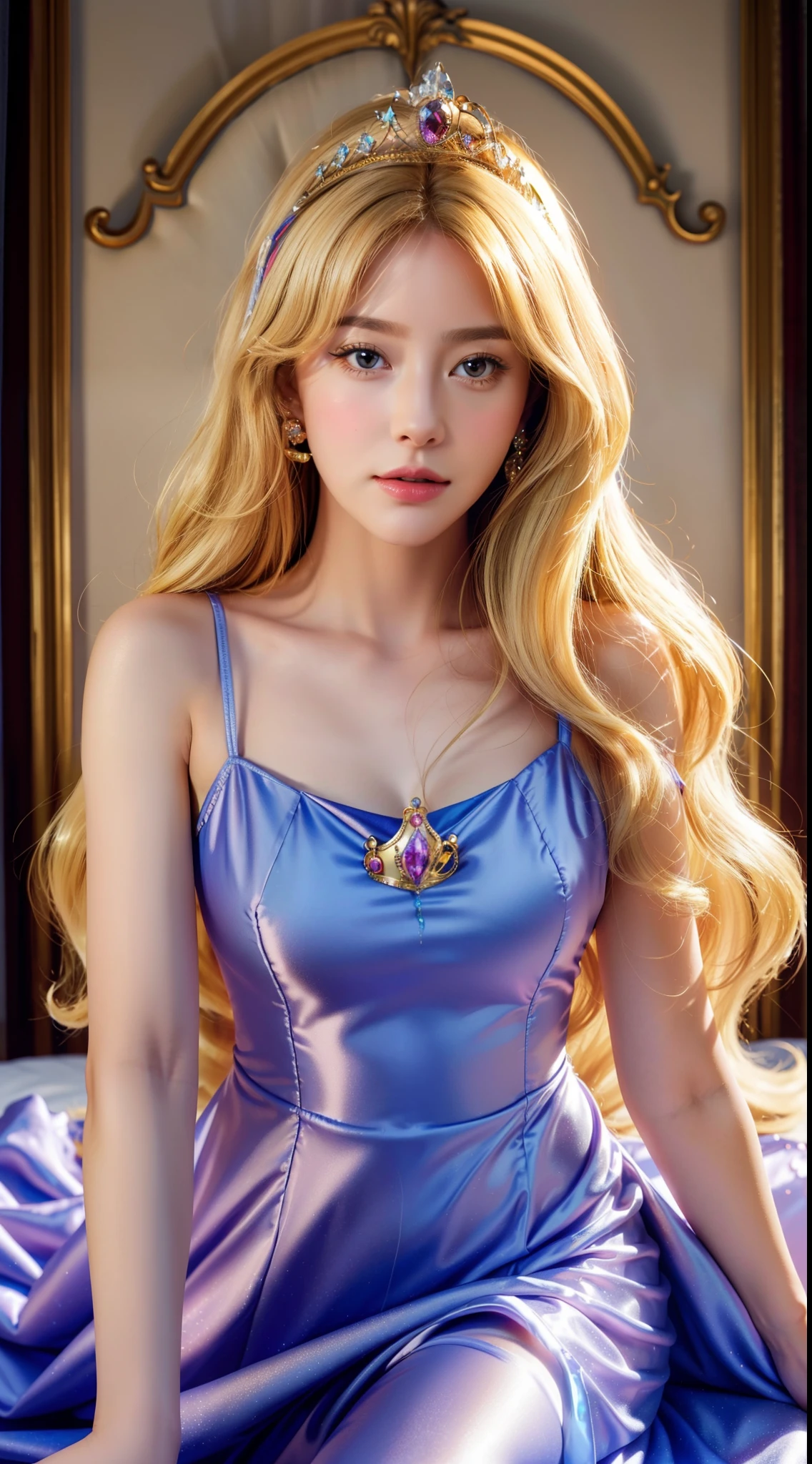 realistic, masterpiece, best quality, highres, princess_celestia, crown, regalia, blonde long hair, cute dress, tiara, 8k