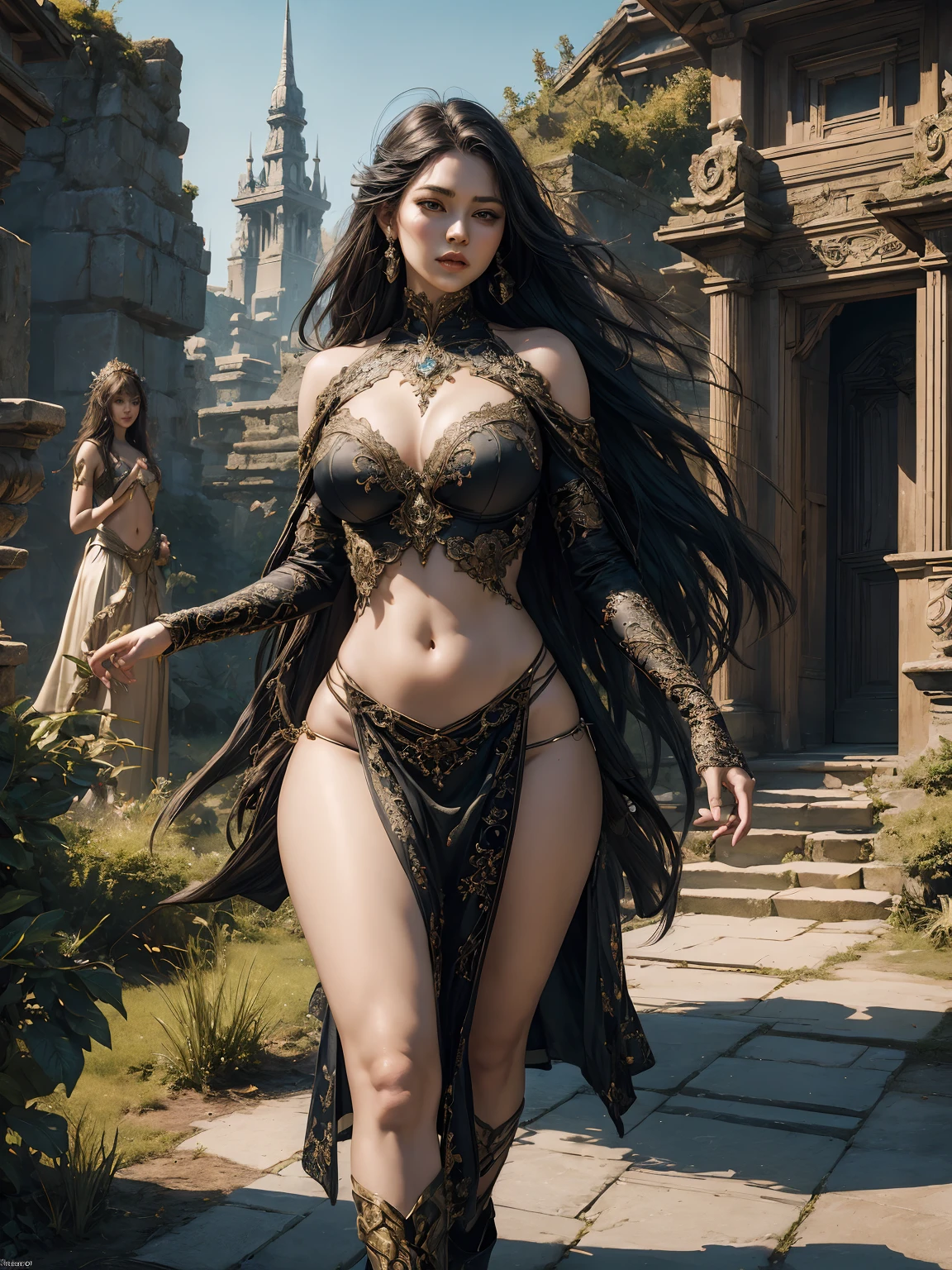 Full body, there is a woman in an elegant dress, open dressing, long hair, navel showed, sexy body, thick thighs, wide hips, temple on the background, fantasy art, stunning art, epic fantasy portrait, detailed matte costume, Behance costume, stunning portrait, 8k high-quality detailed art, Hyper-detailed fantasy character, 4K , ultra-realistic, hyper-realistic, ultra-detailed, --v6