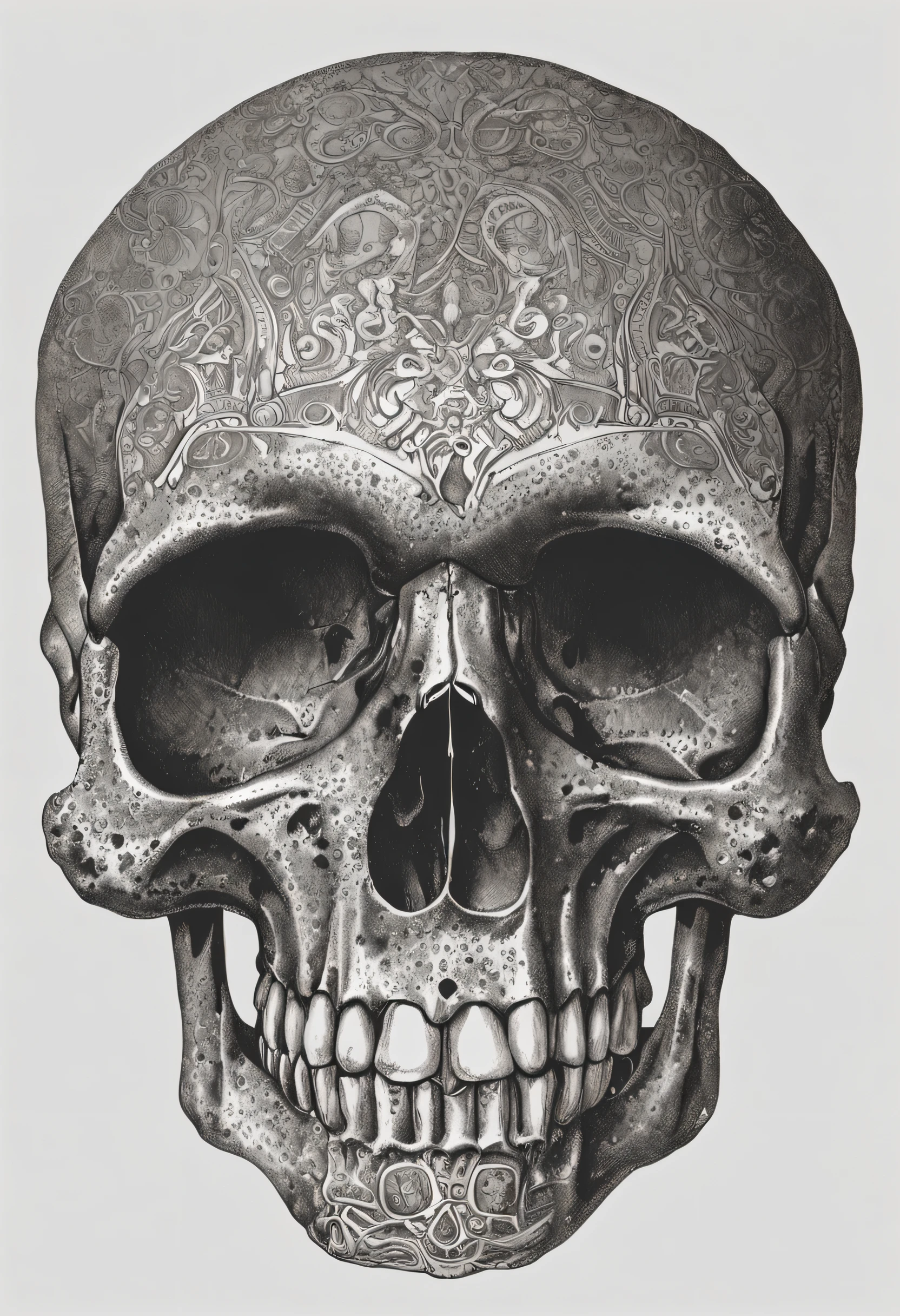 Three skulls in the foreground without jaws, Detailed design with pointillism, same proportion, puntillismo, gothic art