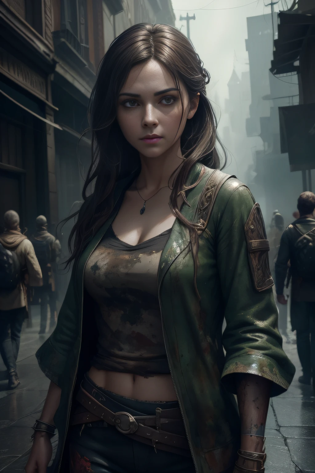 a portrait of a lonely beauty zombie girl alone in a crowd, alabaster skin, grunge outfit, crawed background, doubtful poses, perfect face, hyper detailed, dead inside, green eyes, (extremely detailed cg unity 8k wallpaper), the most beautiful artwork in the world, atey ghailan, in the style of studio ghibli, by jeremy mann, greg manchess, antonio moro, intricate, high detail, photorealistic painting art by midjourney and greg rutkowski, matte, bryan organ, extremely detailed cg unity 8k wallpaper, high detail, photorealistic painting art by midjourney and greg rutkowski, matte, bryan organ, extremely detailed cg unity 8k wallpaper, high detail, photorealistic painting art by midjourney and greg rutkowski, matte, bryan organ, extremely detailed cg unity 8k wallpaper, high detail, photorealistic painting art by midjourney and greg rutkowski, matte, bryan organ