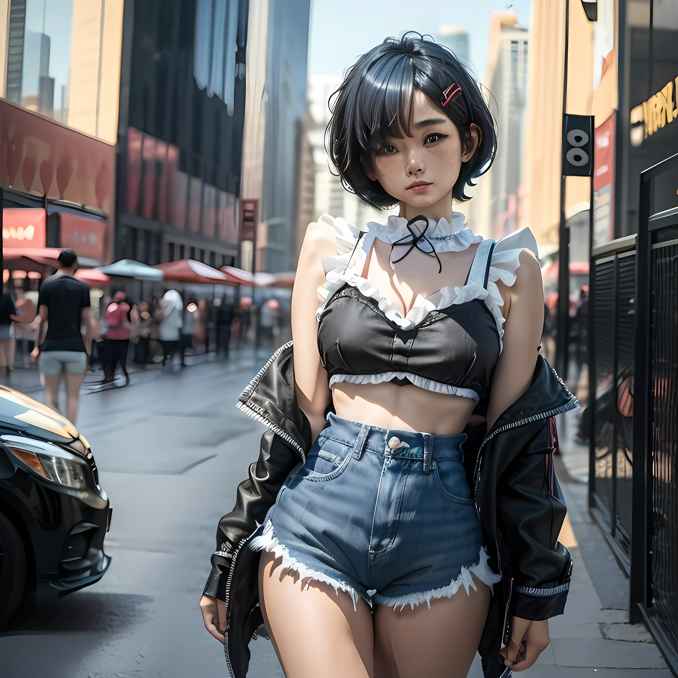 1girl, short black hair, brown eyes, wearing bikini top, denim shorts, city, absurdres, high res, ultrasharp, 8K, masterpiece, looking at viewer