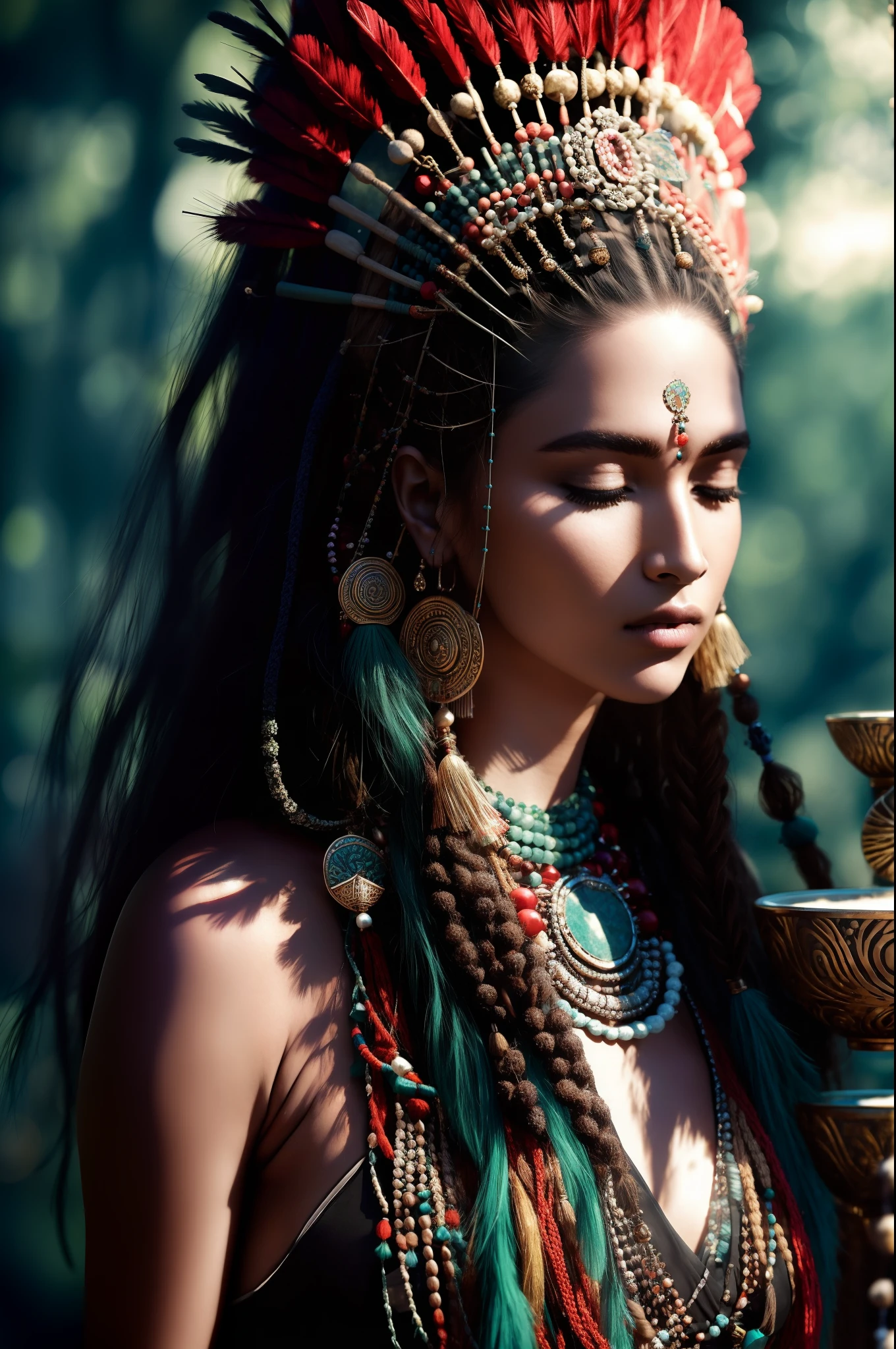 (full portrait), (half shot), solo, detailed background, detailed face, (stonepunkAI, stone theme:1.1), wise, (female), (native american), (beautiful hair, braids:0.2), shaman, septum piercing, mystical, (gorgeous face), stunning, head tilted towards sky, arms raised towards sky, (eyes closed, serene expression), calm, meditating, Seafoam Green frayed clothes, prayer beads, tribal jewelry, feathers in hair, headdress:0.33, jade, obsidian, detailed clothing, deep cleavage, 1/2 boob exposed, plunging neckline, realistic skin texture, (floating particles, water swirling, embers, ritual, whirlwind, wind:1.2), sharp focus, volumetric lighting, good highlights, good shading, subsurface scattering, intricate, highly detailed, ((cinematic)), dramatic, (highest quality, award winning, masterpiece:1.5), (photorealistic:1.5), (intricate symmetrical warpaint:0.5),