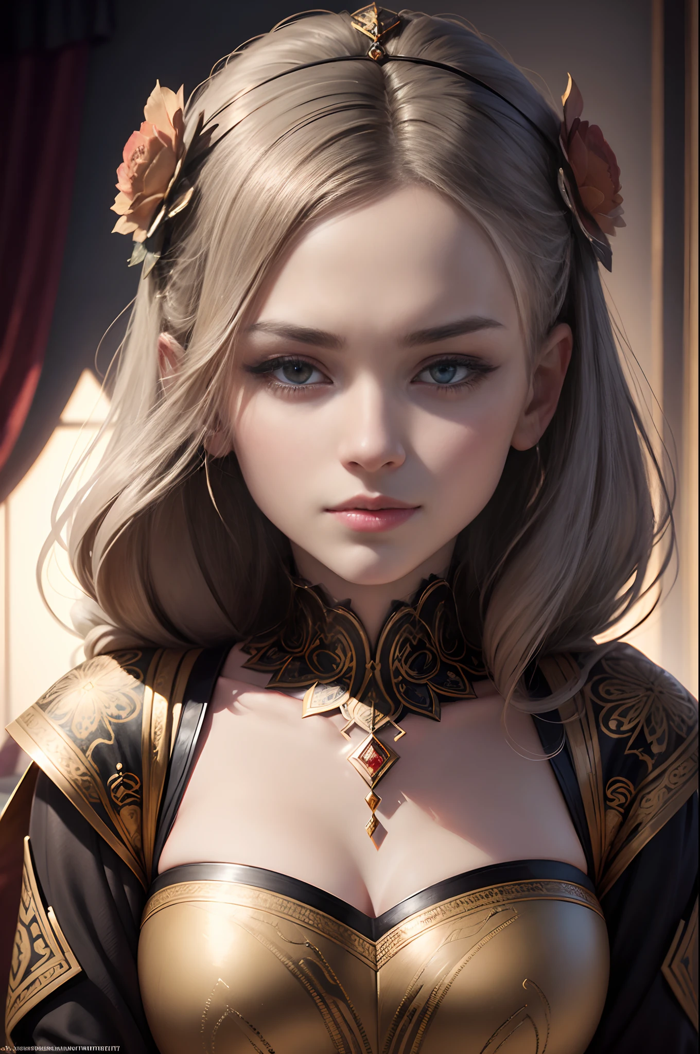 Breathtakingly beautiful portrait of the empress featuring symmetrical eyes and face, Render in 8k using Octane rendering technology. The artwork is a masterpiece of intricate art, With spectacular cinematic quality and smoothness, Sharp details. Lighting is carefully crafted in a studio setting, It will be an ultra-realistic image showing the artist's proficiency. This artwork is trending on art stations. artist name: Oleg Shcherba, John K. Vollmer, Einar Martinsen