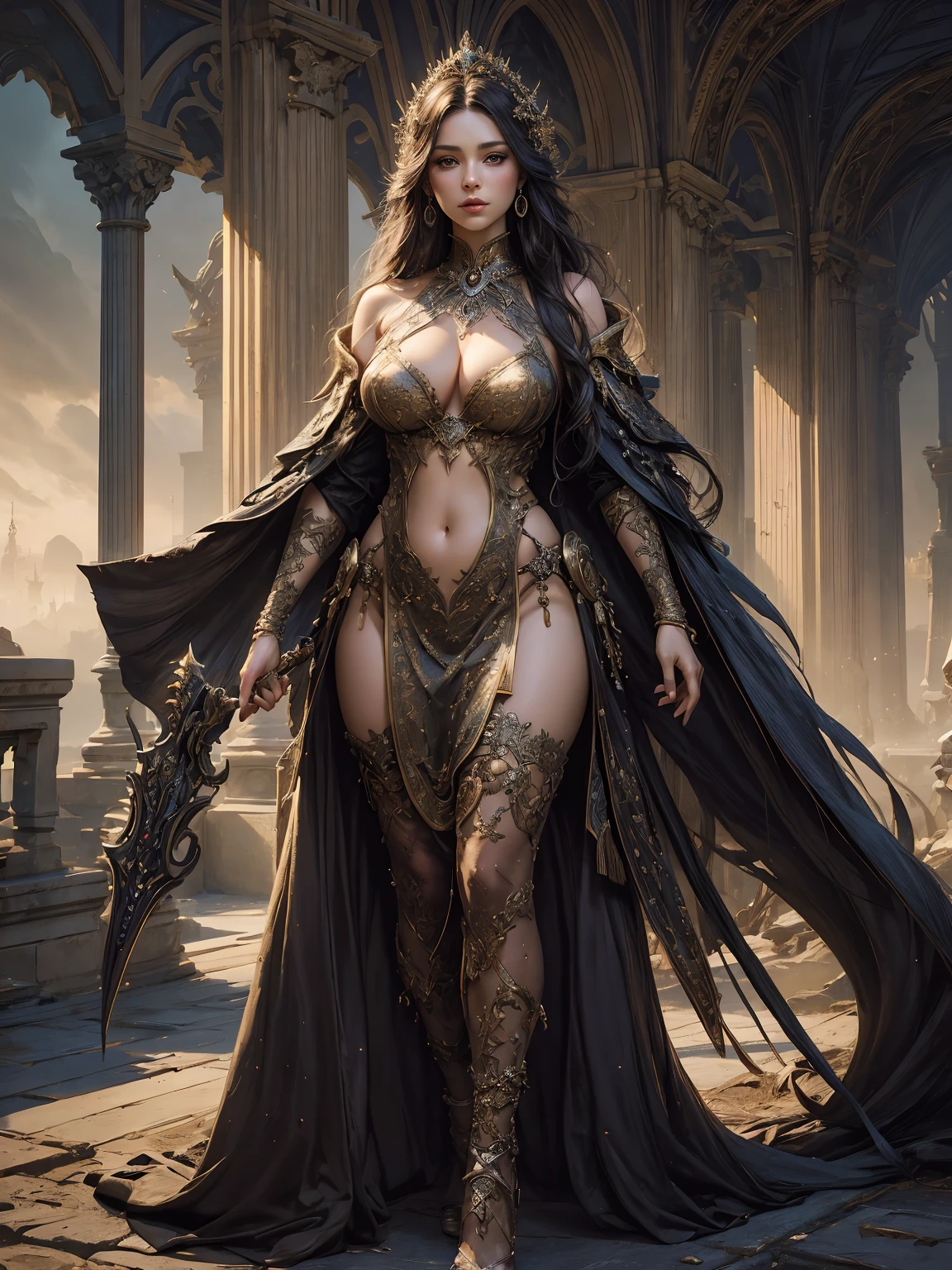 Full body, there is a woman in an elegant dress, a 27-year-old, American woman, She is a Beauty, open dressing, with long hair, navel shown, sexy body, thick thighs, wide hips, good cleavage, a temple on the background, fantasy art, stunning art, epic fantasy portrait, detailed matte costume, Behance costume, stunning portrait, 8k high-quality detailed art, Hyper-detailed fantasy character, 4K , ultra-realistic, hyper-realistic, ultra-detailed, --v6