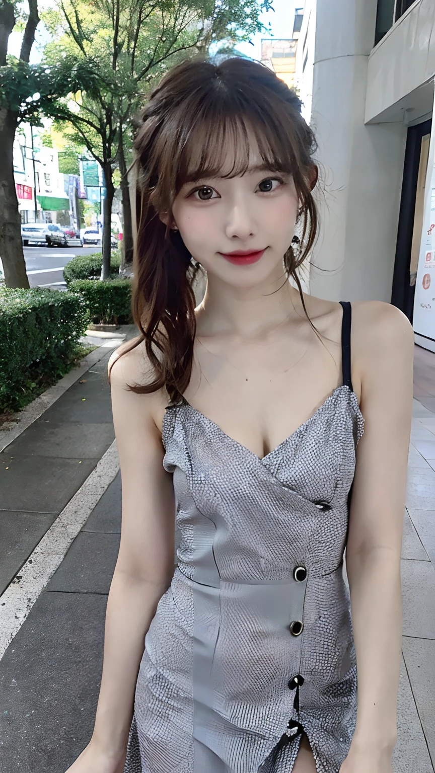 (masterpiece:1.3), (8K, Photorealsitic, Raw photography, Top image quality: 1.4), Japan high school girls、(Random hairstyles:1.2)、(small tits)、Super Detail Face、Eye of Detail、二重まぶた、foco nítido:1.2、prety woman:1.4、light brown hair、top-quality、masterpiece、超A high resolution、(Photorealsitic:1.4)、slender、A smile、(eye line:0.8)、(Looking at the camera)、 (Thin dress in fabric:1.4)、((walking on the avenue:1.3))、Bare legged、sandal、
