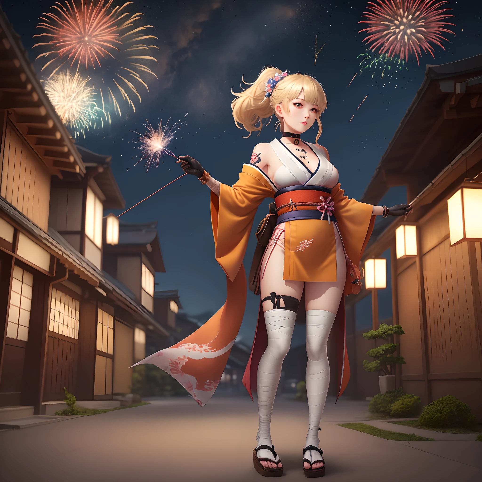 1girl, arm tattoo, asymmetrical legwear, bandaged arm, bandaged leg, bandages, bangs, black gloves, blonde hair, bracelet, breasts, chest tattoo, choker, fingerless gloves, fireworks, full body, geta, gloves, hadanugi dousa, hair ornament, holding, japanese clothes, jewelry, kimono, kinchaku, looking up, night, night sky, obi, orange eyes, orange kimono, outdoors, ponytail, pouch, red choker, rope, sarashi, sash, shimenawa, sidelocks, single fingerless glove, single glove, sky, socks, solo, sparkler, standing, tattoo, genshin impact, yoimiya, silk stocking, nice legs, elegant, attractive, pretty, beautiful model, full-body shot, 4k