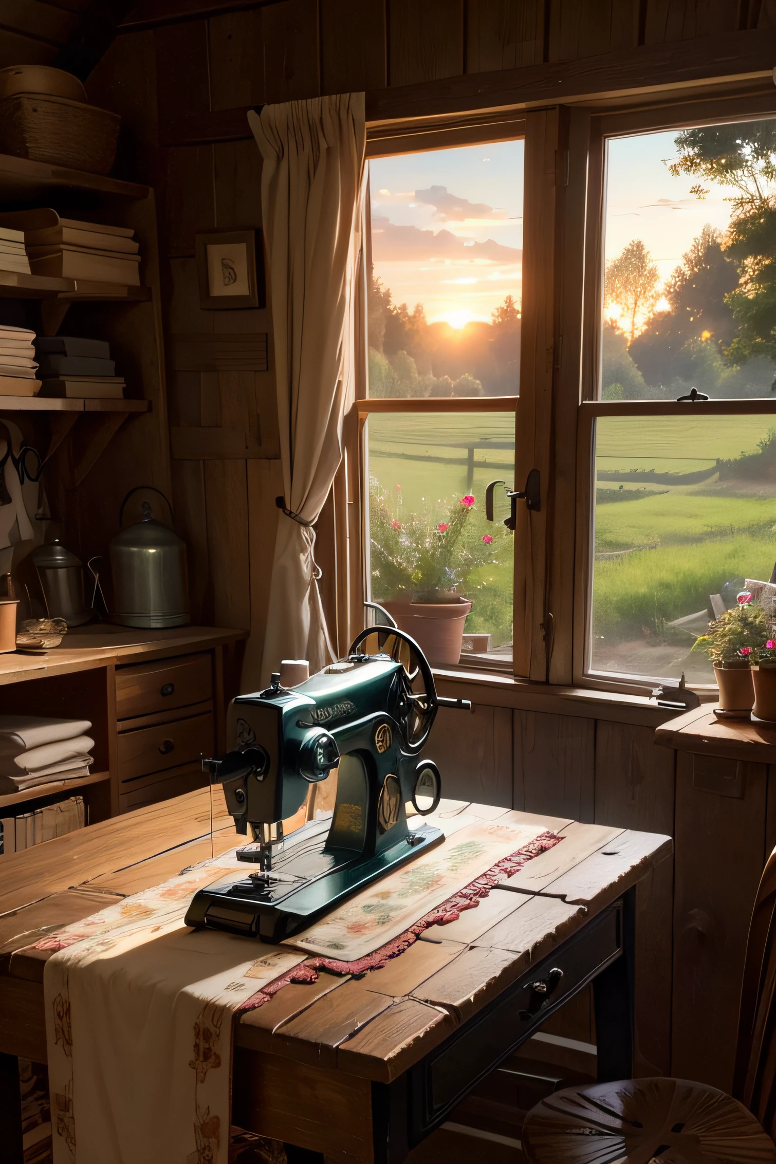 It depicts a grunge country background that captures the essence of traditional sewing and craftsmanship. This background should feature a rural scene with worn elements and rough textures, such as an old wooden cabin covered in vines, surrounded by an overgrown garden where flowers grow. wild plants and tall grasses. In the center of the image, an old wrought iron sewing machine with cogwheels and a leather belt stands out, illuminated by the soft light of the sunset that filters through the tree branches. The sewing machine is surrounded by threads, colorful fabrics and sewing patterns, creating a nostalgic and cozy atmosphere that evokes the tradition and creativity of hand sewing.