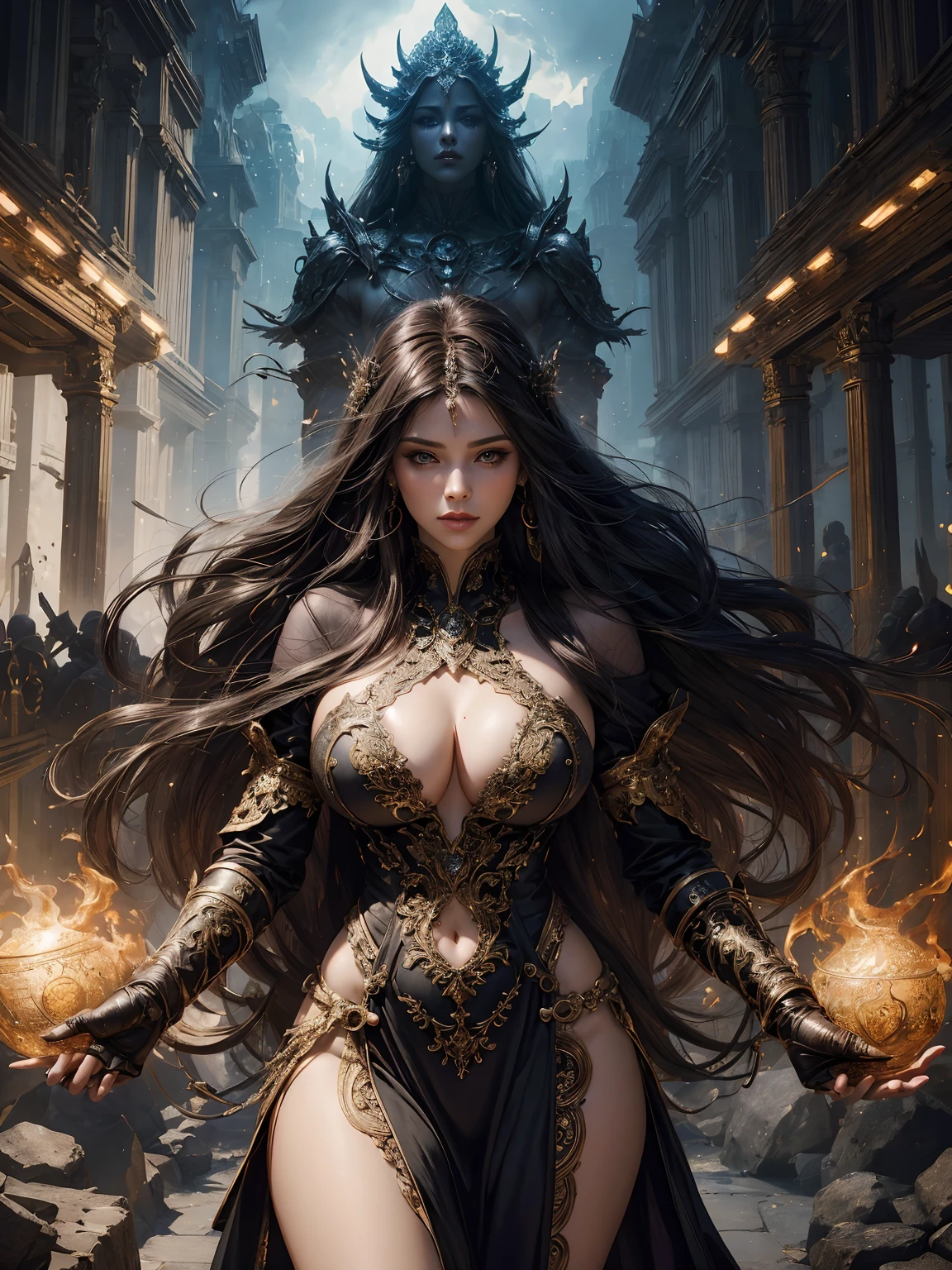Full body, there is a woman in an elegant dress, a 27-year-old, American woman, She is a Beauty, open dressing, with long hair, navel shown, sexy body, thick thighs, wide hips, good cleavage, a temple on the background, fantasy art, stunning art, epic fantasy portrait, detailed matte costume, Behance costume, stunning portrait, 8k high-quality detailed art, Hyper-detailed fantasy character, 4K , ultra-realistic, hyper-realistic, ultra-detailed, --v6