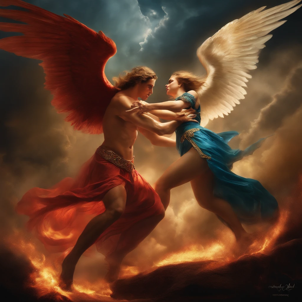 an beautiful angel fighting a demon