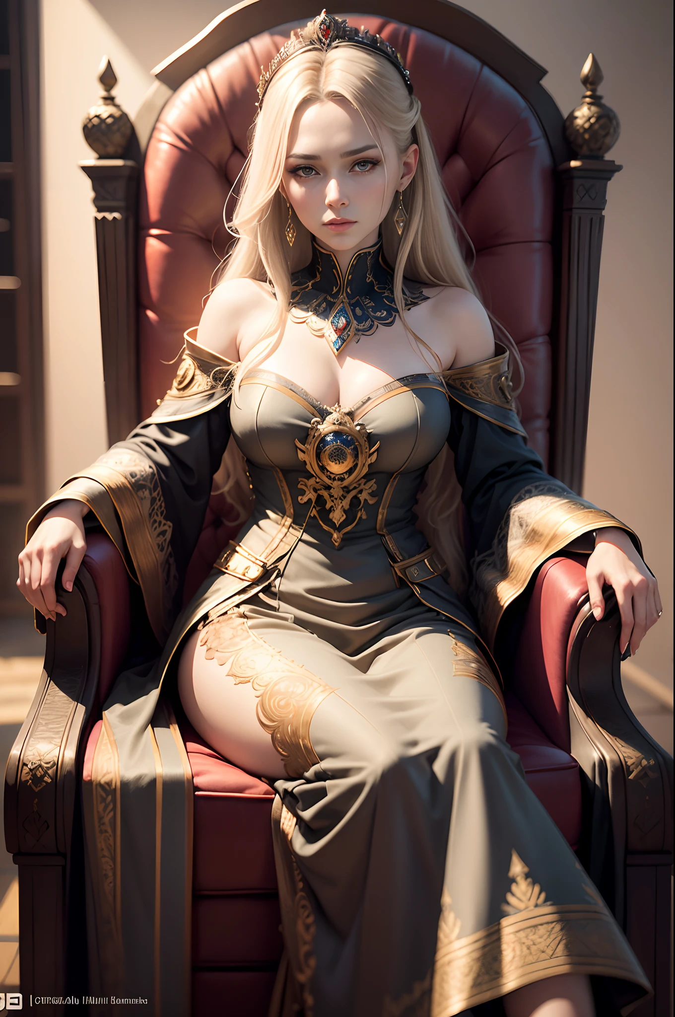Breathtakingly beautiful portrait of a mature empress featuring symmetrical eyes and face, Rendering in 8k using Octane rendering technology to sit on a throne. The artwork is a masterpiece of intricate art, With spectacular cinematic quality and smoothness, Sharp details. Lighting is carefully crafted in a studio setting, It will be an ultra-realistic image showing the artist's proficiency. Works that are talked about at the art station. artist name: Oleg Shcherba, John K. Vollmer, Einar Martinsen
